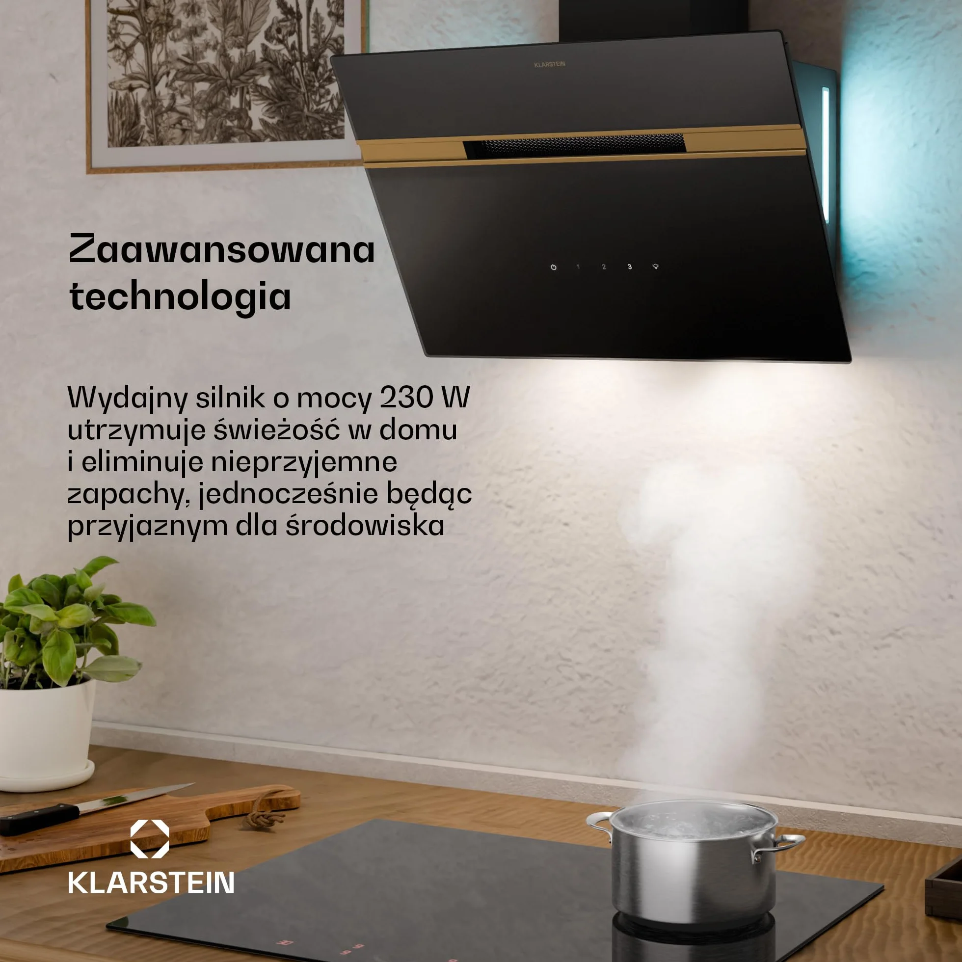 Klarstein Alina Okap kuchenny przyścienny – 60 cm, przepływ 600 m³/h, sterowanie dotykowe, klasa energetyczna A, oświetlenie LED w 9 kolorach, cichy 52 dB, czarno-złoty