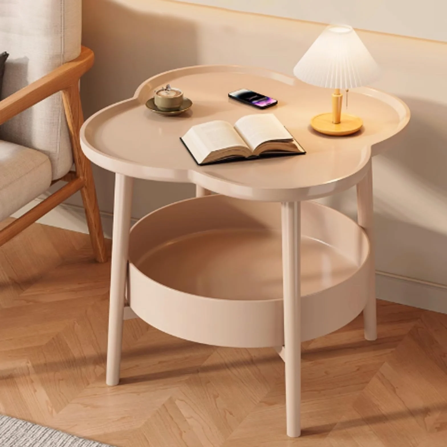Wklęsły płatek stolik pomocniczy do salonu dwuwarstwowy stolik końcowy do przechowywania na kanapę i sypialnię Stylowy nowoczesny design idealny do wystroju domu i małych przestrzeni