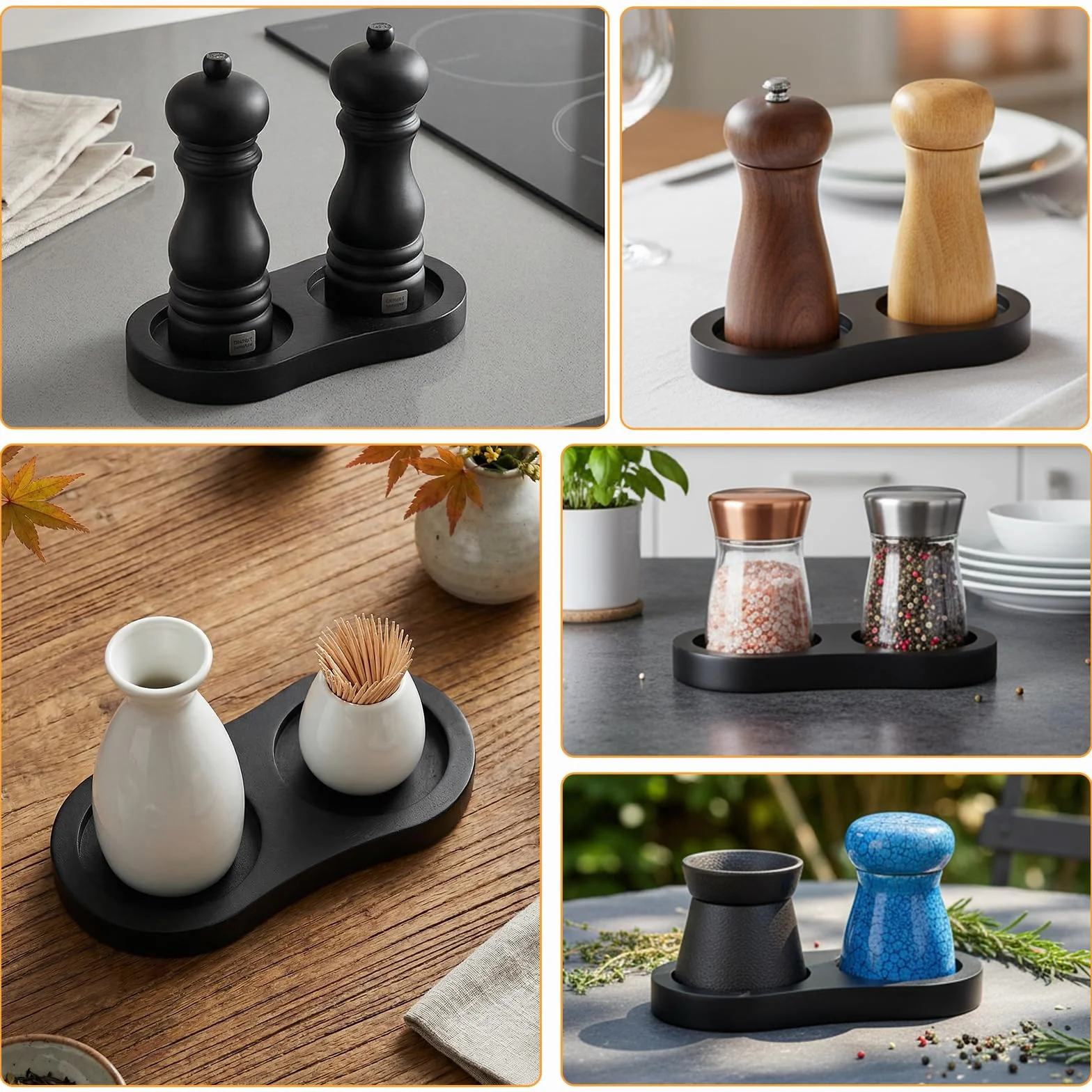 14,5 x 7,5 cm mini taca czarna, taca na młynek do soli i pieprzu, średnica wewnętrzna: 5,8 cm, drewniana taca dekoracyjna, półka do salonu, sypialni, łazienki i kuchni