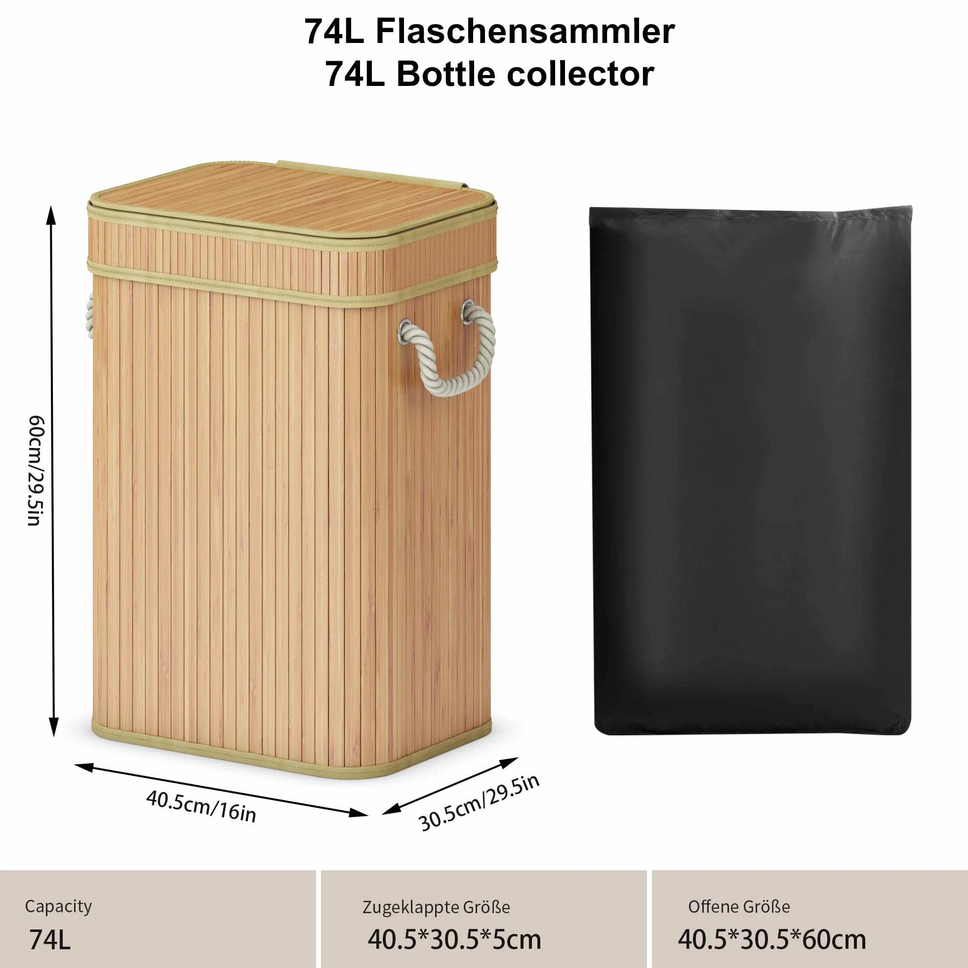 AdelDream Pojemnik do zbierania butelek zwrotnych z pokrywą duży pojemnik do przechowywania pustych i starych szklanych pojemników pojemnik na butelki do kuchni z naturalnego drewna 74L