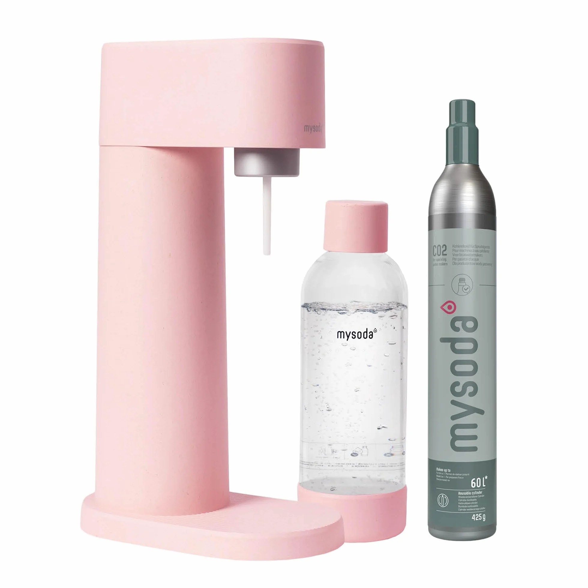 Mysoda: Woody zestaw saturatora z odnawialnego kompozytu drewnianego, z plastikową butelką Quick-Lock 1 l, bez BPA i cylindrem CO2, różowy