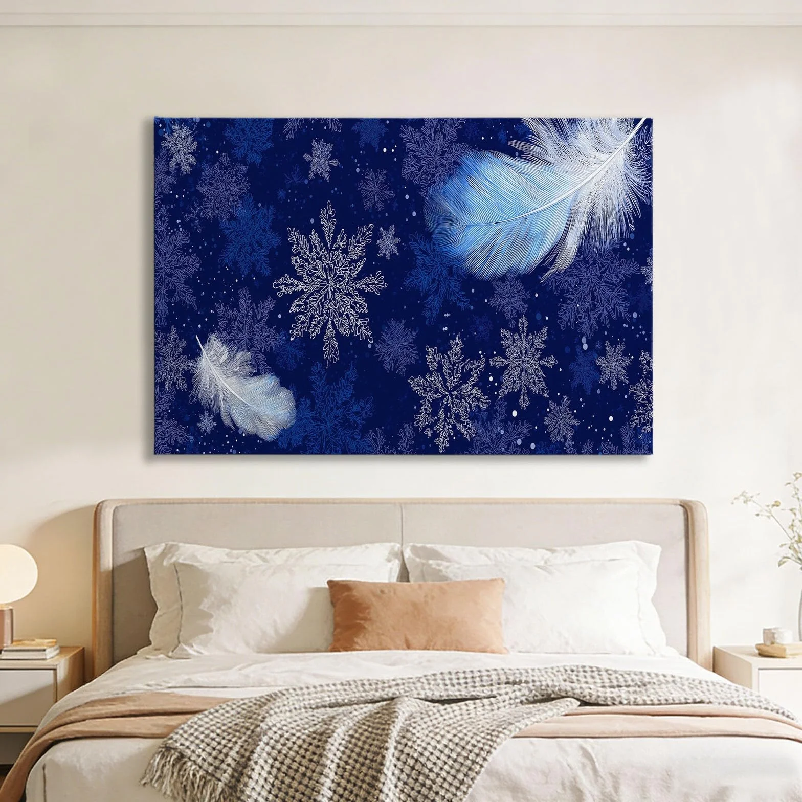 Générique Obraz na płótnie z ramką niebieskie pióra płatki śniegu 90 x 60 cm obraz do dekoracji ścian, obraz ścienny do salonu sypialnia łazienka dom, obraz dekoracyjny