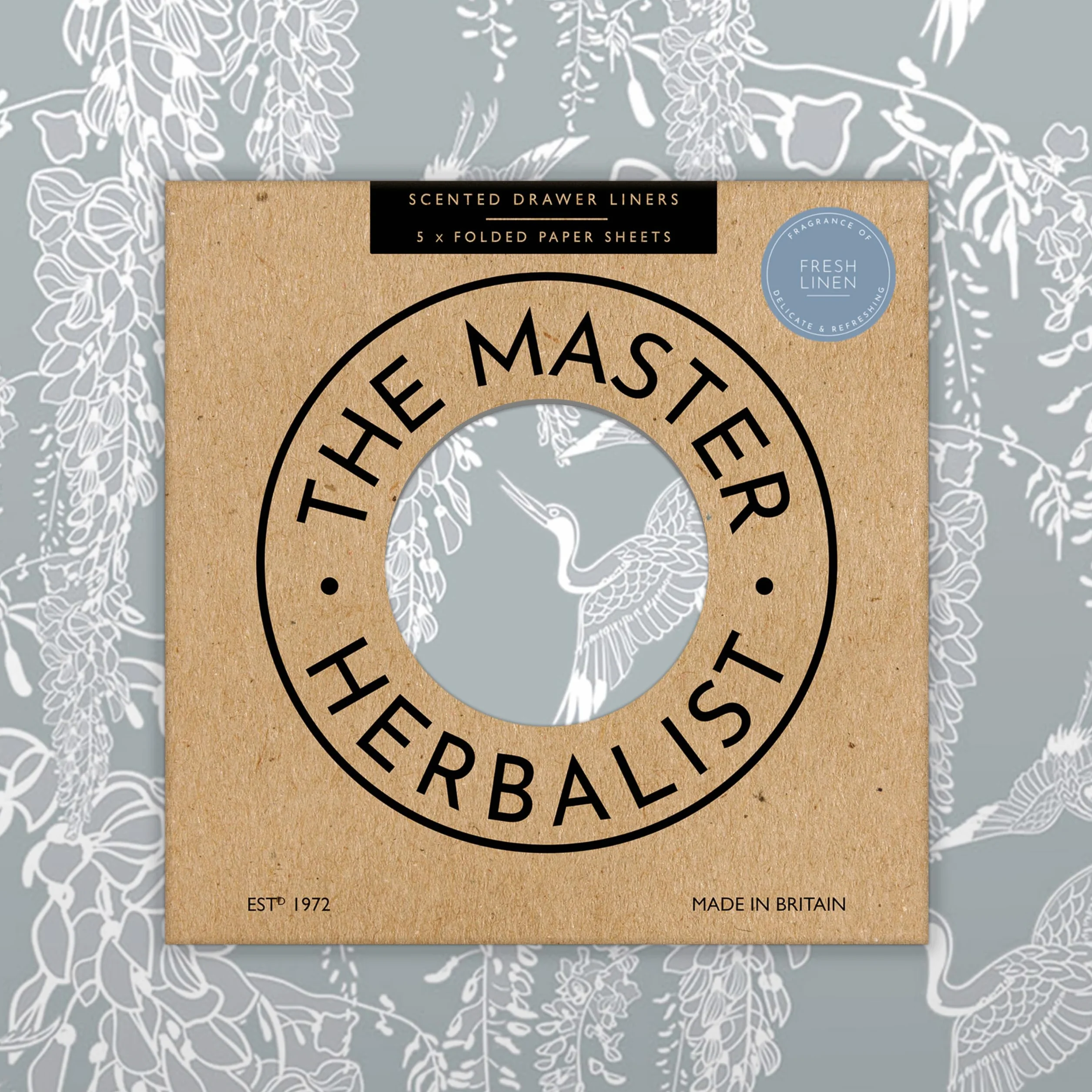 The Master Herbalist pachnące, świeże wkładki do szuflad z lnu w klasycznym wzornictwie HERON (składane). Wyprodukowano w Wielkiej Brytanii.