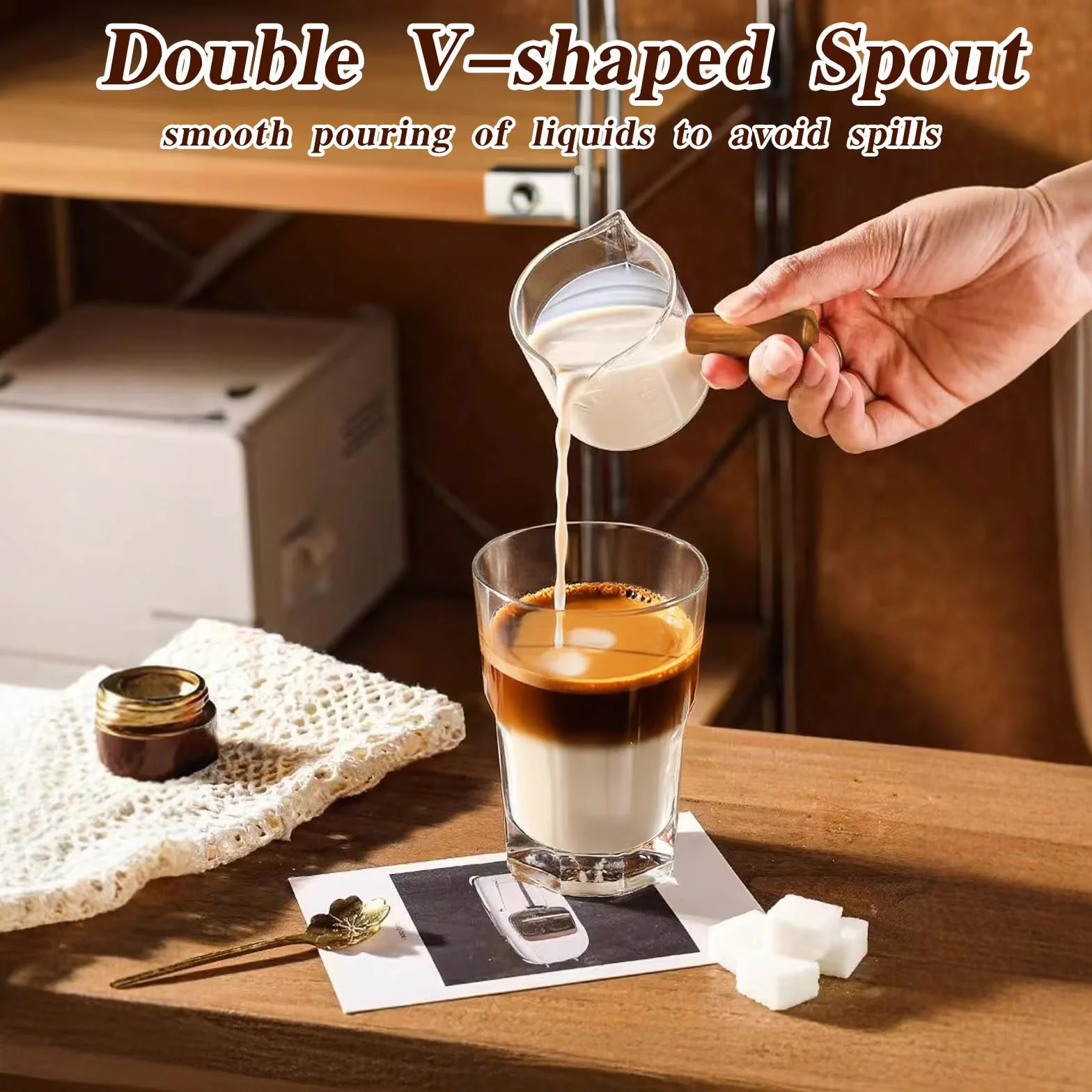 4 sztuki filiżanek do espresso z drewnianym uchwytem, szklana szklanka pomiarowa z podwójnym odpływem i podwójną skalą, szklanki do espresso, akcesoria do espresso, filiżanki z odpływem w kształcie V