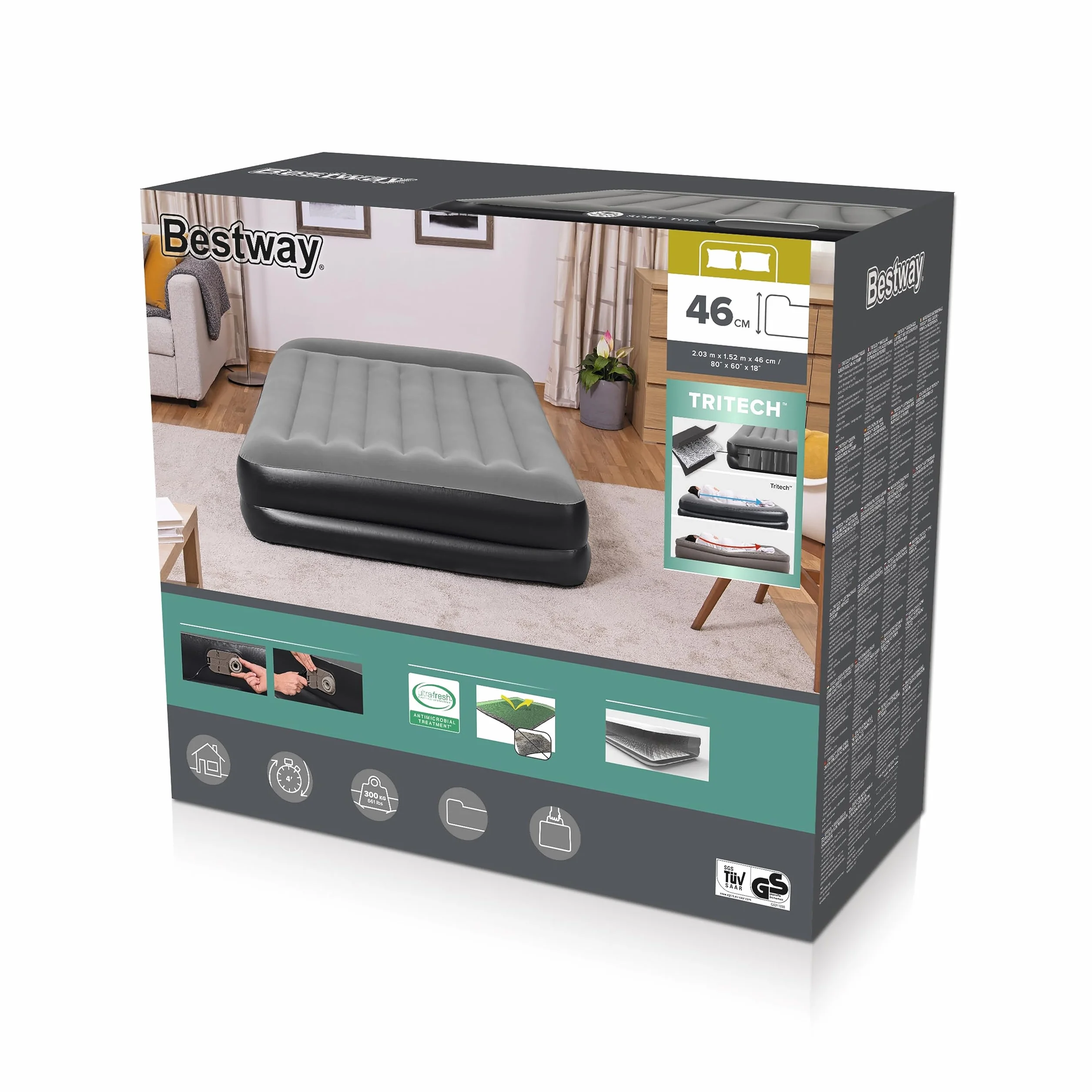 Bestway TriTech Aerolux materac dmuchany ze zintegrowaną pompą elektryczną Double XL/Mid 203 x 152 x 46 cm