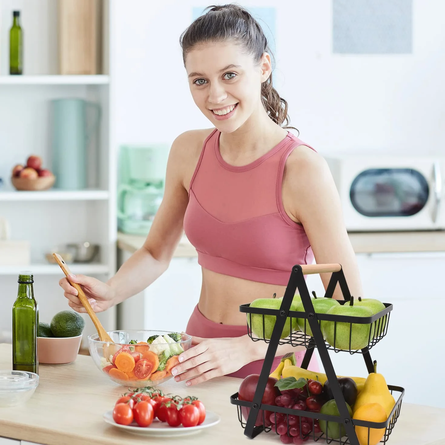 Joeji's Kitchen Czarny 2-poziomowy stojak do przechowywania owoców i warzyw, kosze na owoce ze stali nierdzewnej do kuchni, oszczędzający miejsce kosz na warzywa i kosz na owoce