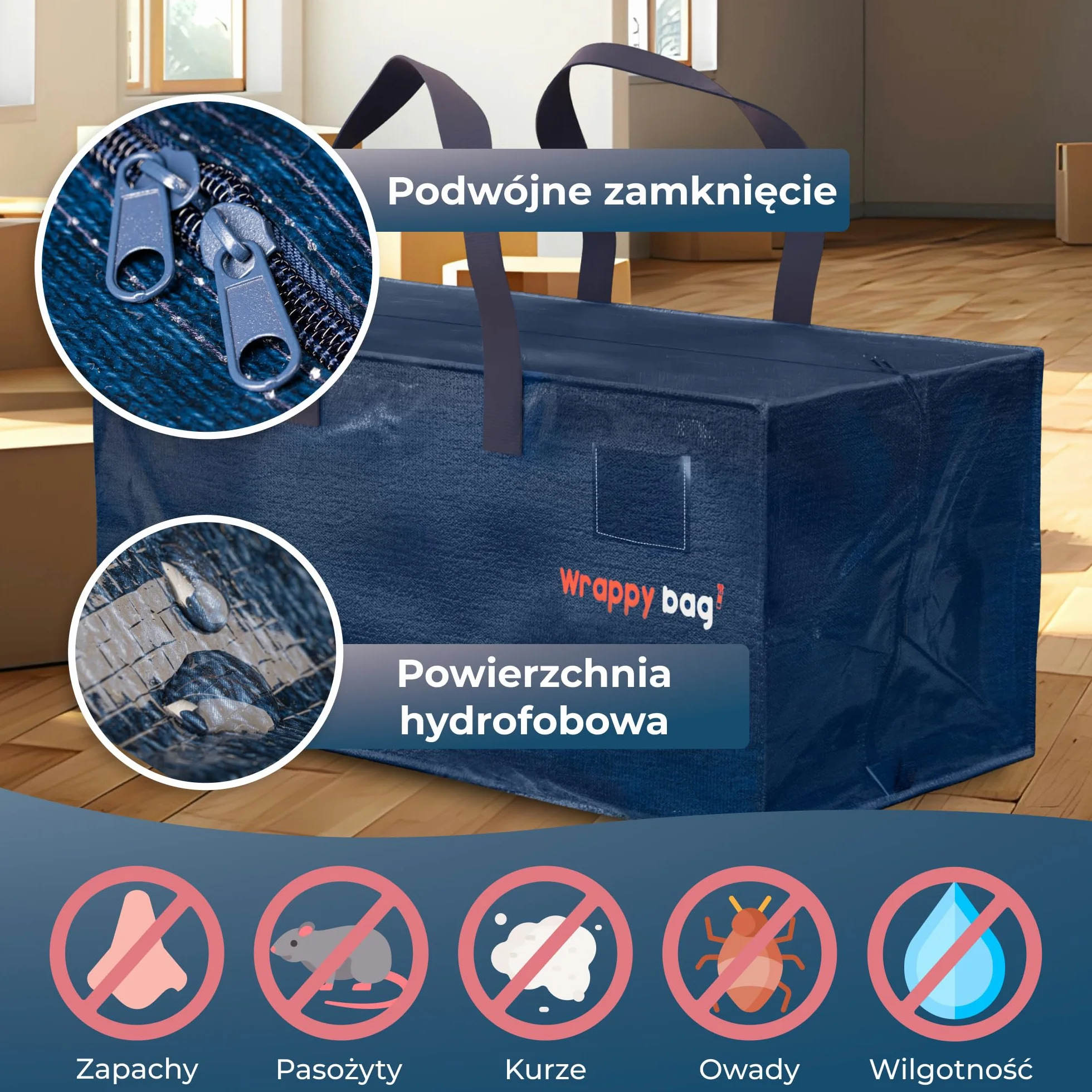 WRAPPYBAG Zestaw 6 Dużych Toreb do Przechowywania w Formie Plecaka – Torby Jumbo XXL – Przeprowadzka Podróż – Solidne, Grube Wodoodporne Wzmocnionymi Uchwytami – Na Odzież, Pościel – 76 x 36 x 38 cm