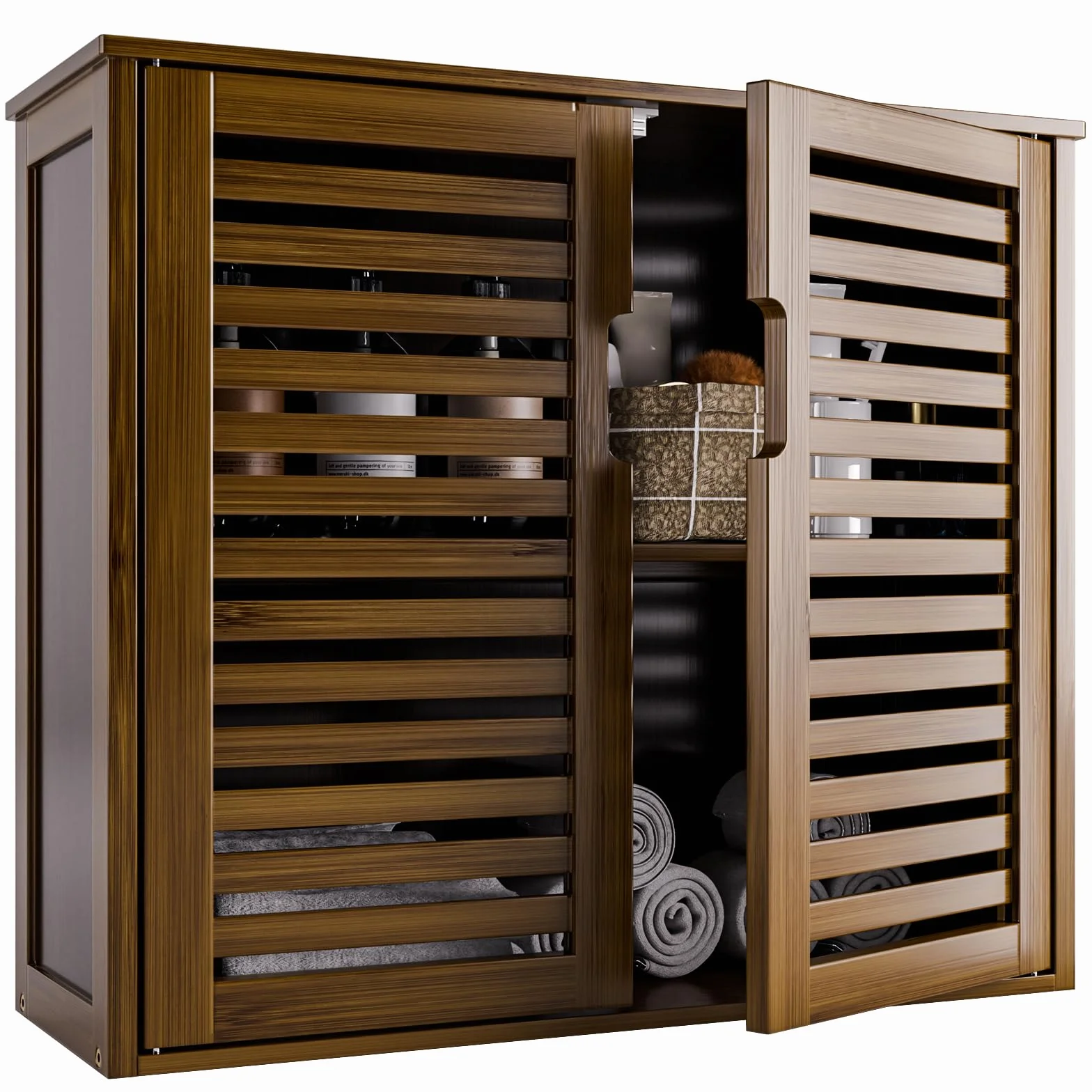 HITNET Bathroom Cabinet, Bamboo Hanging Medicine Cabinet, Space Saving Storage Organizer Over the Toilet with 2 Doors and Adjustable Shelf, Walnut