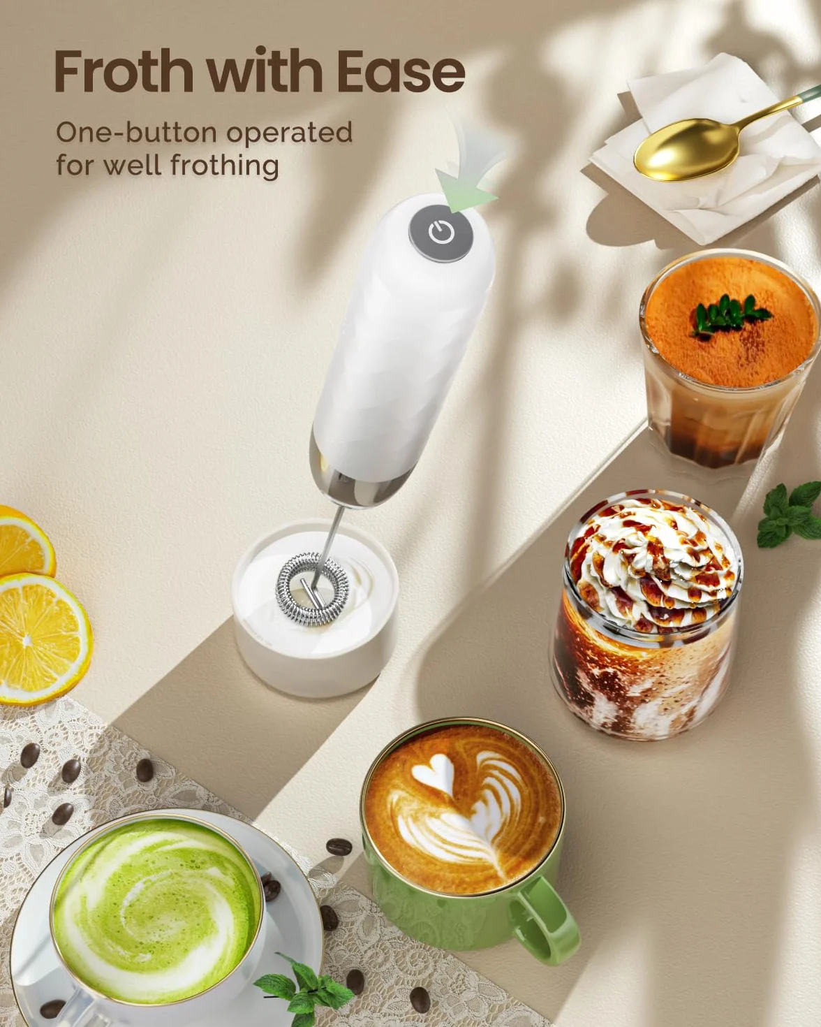 Maestri House Akumulatorowy spieniacz do mleka, ręczny elektryczny ekspres do piany, odłączany, ze stali nierdzewnej, mikser do napojów, miniblender do matcha, latte, bez stojaka, LunaFro Mini (biały)