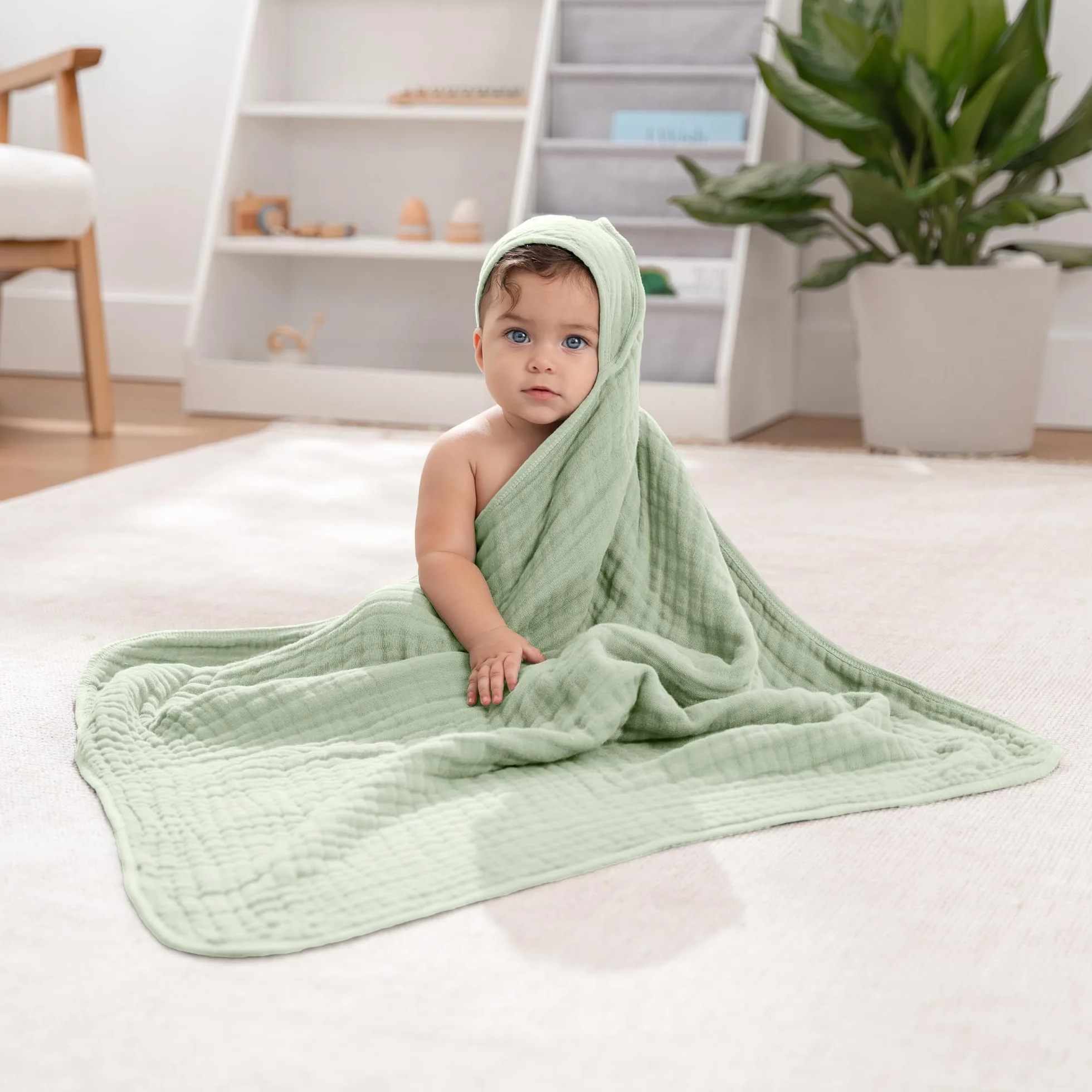 2 Pack Baby Hooded 9 Layer Muslin Cotton Towel for Kids, Large 32” x 32”, Ultra Soft, Warm, and Absorbent. Baby Essentials Bath Towels, Cute Unisex Cover for Girls and Boys (2 Pack, Sage)