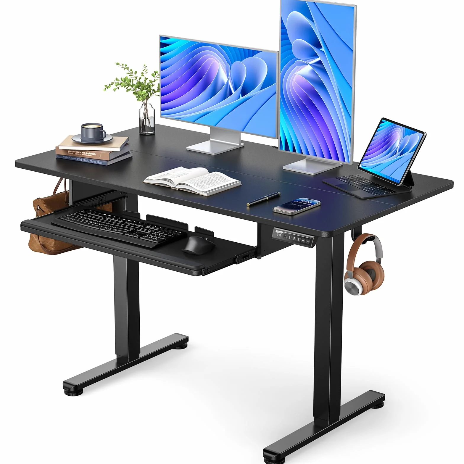 ErGear Elektryczne biurko do pracy na stojąco z pełnowymiarową tacą na klawiaturę, regulowana wysokość, biurko do pracy w domu, 112 x 61 cm, czarne