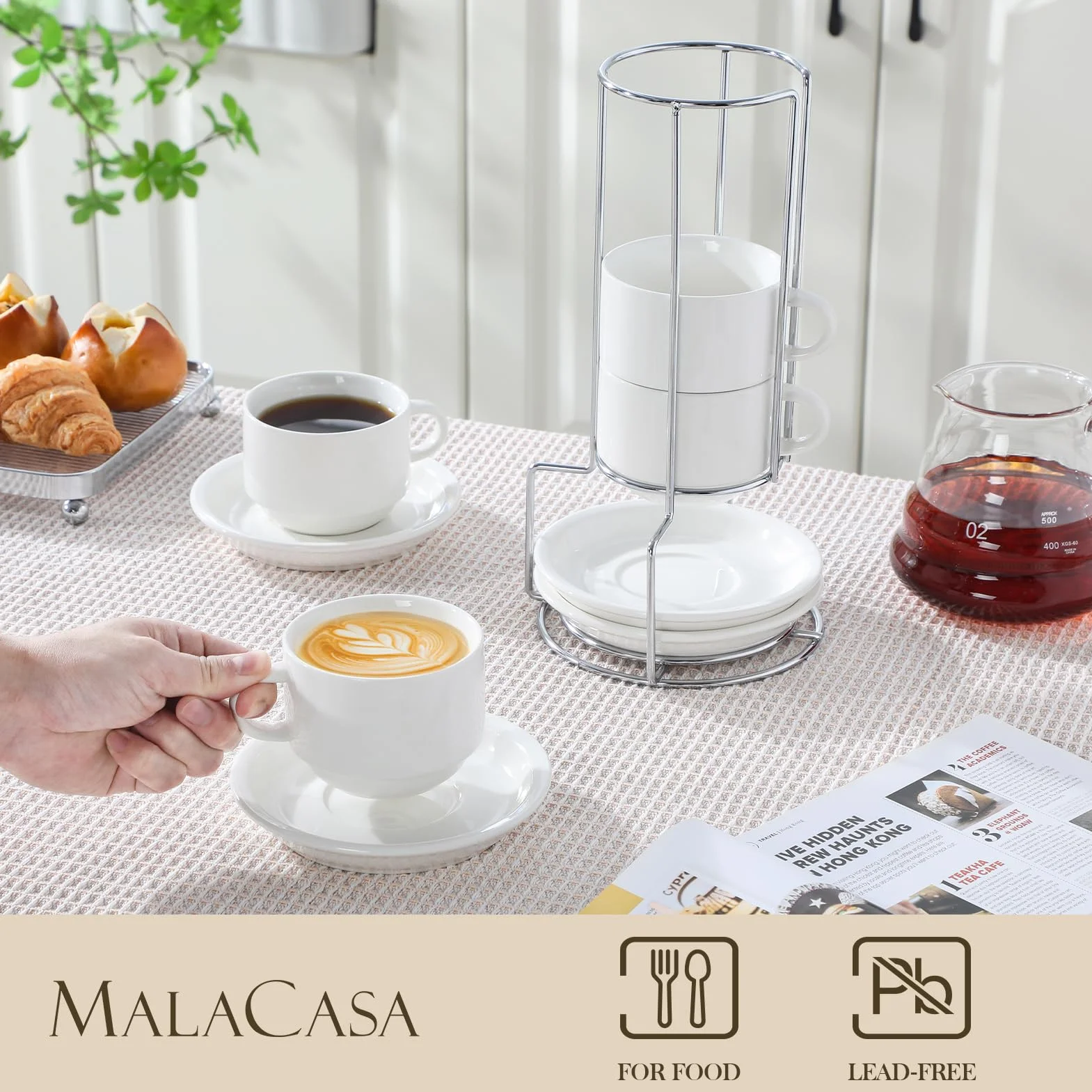 MALACASA Filiżanki do kawy, zestaw 4 sztuk, 240 ml, grube ścianki ze spodkiem i stojakiem, możliwość układania w stos, nowoczesne filiżanki do kawy z białej porcelany, nadają się do mycia w zmywarce