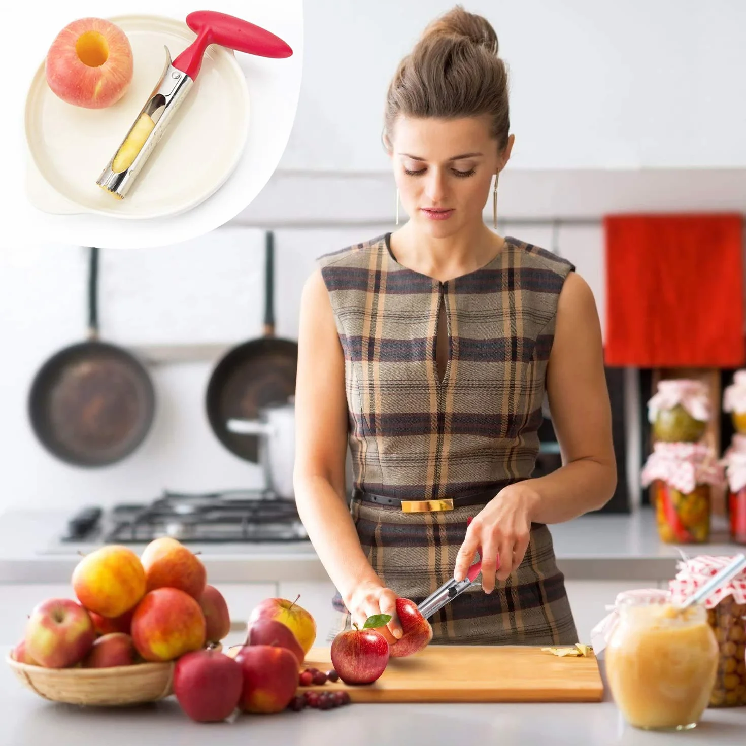 Drylownica do jabłek, 2 sztuki, stal nierdzewna 304, z ostrym ząbkowanym ostrzem i ergonomicznym uchwytem, łatwe do opróżniania, do warzyw i owoców, czerwony, czarny