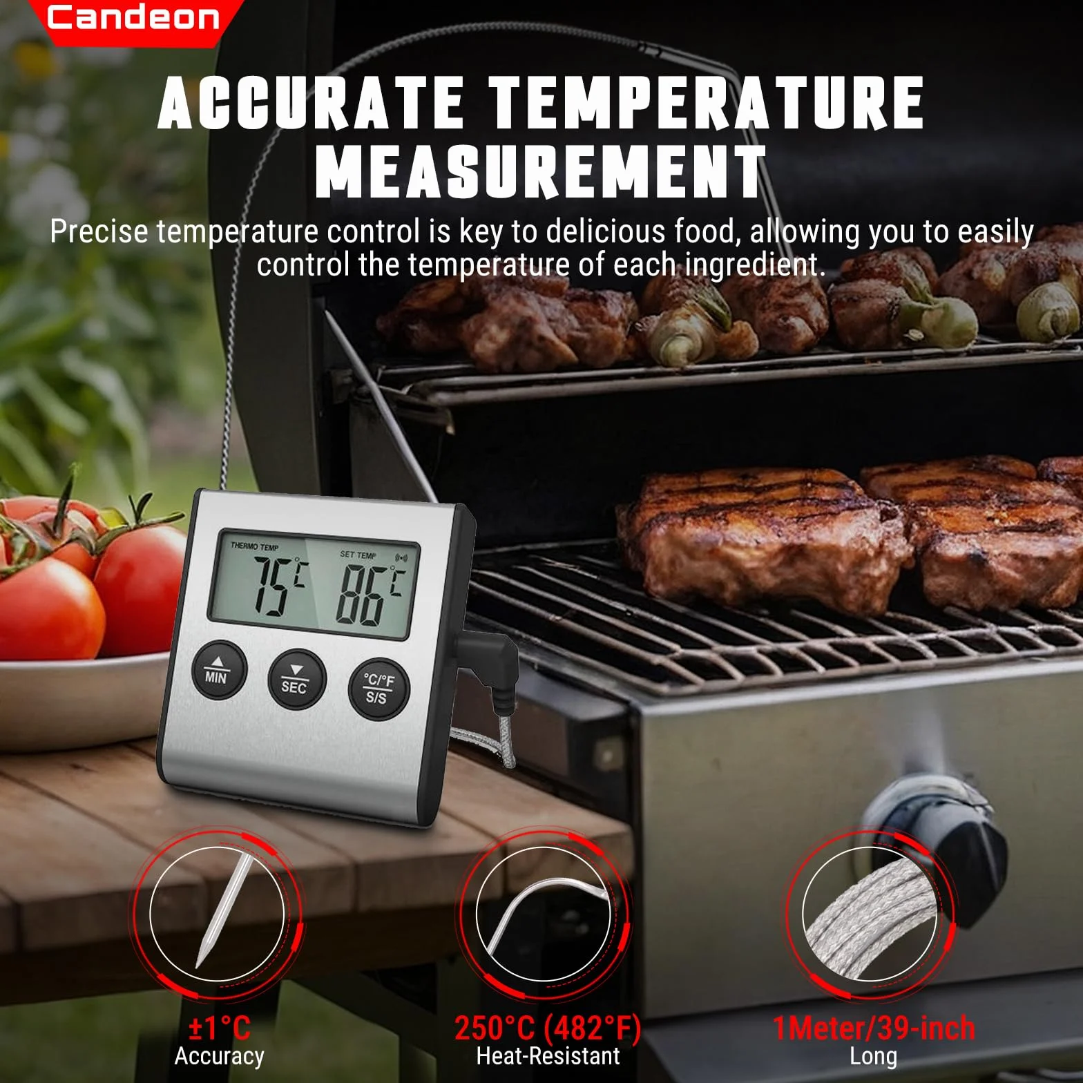 Cyfrowy termometr do mięsa, termometr do gotowania żywności – termometr z sondą ze stali nierdzewnej, magnetyczny duży wyświetlacz LCD – termometr kuchenny BBQ grill - termometr do wędzenia, grilla