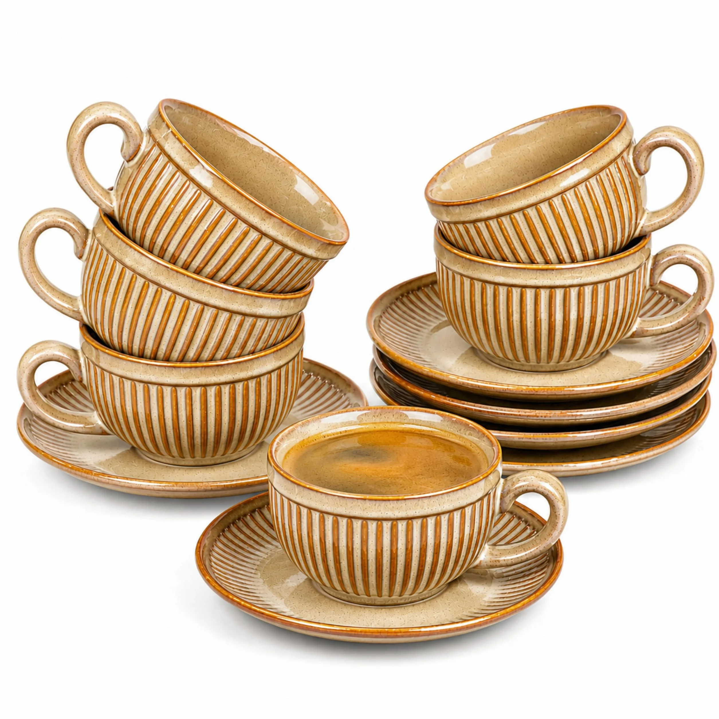 Zestaw 6 filiżanek do espresso ze spodkami 90 ml – zestaw filiżanek do espresso – filiżanki do kawy z kamionką – grube ścianki z uchwytem – ręcznie wykonane filiżanki do kawy barista