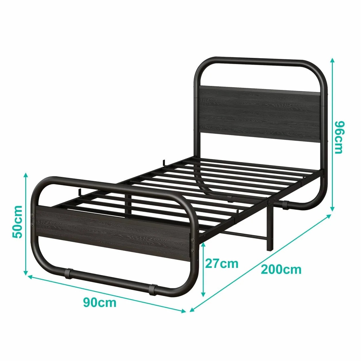 HOMERECOMMEND Łóżko 90 x 200 cm, rama łóżka z metalu i drewna, z listwą dolną, rama łóżka 90 x 200 cm, z zagłówkiem, owalne łóżko z platformą do przechowywania pod łóżkiem, czarna