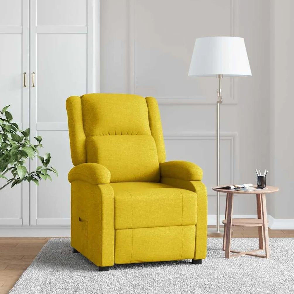 Fotel relaksacyjny, żółty, materiał z regulowanym oparciem i podnóżkiem, ergonomiczny fotel tapicerowany z drewnianą i metalową ramą, wygodny fotel do salonu, biura, kącik do czytania