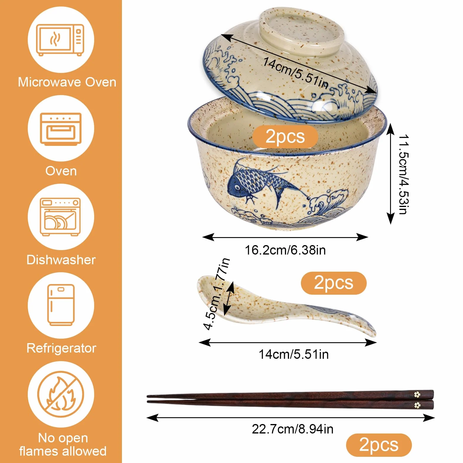 2 x zestaw misek do ramen 800 ml, ceramiczna miska do ramen z pokrywką, łyżką i pałeczkami, japońska miska na zupę, azjatyckie naczynia Ø 16 cm, miska na rameny, sałatki, musli (A)