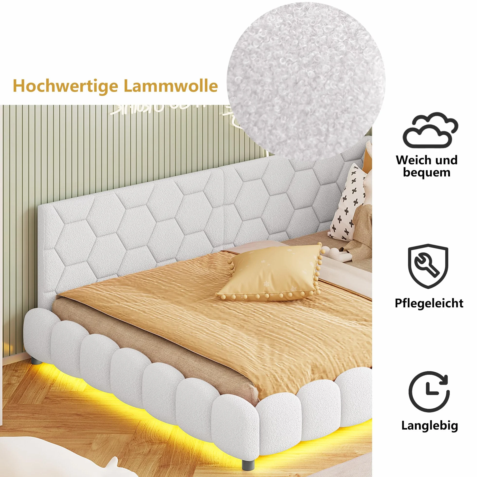 Łóżko tapicerowane z funkcją spania 140 x 200 cm z oświetleniem LED, łóżko dzienne ze stacją ładującą USB & Type-C, łóżko młodzieżowe w kształcie litery L, stelaż łóżka, bez materaca