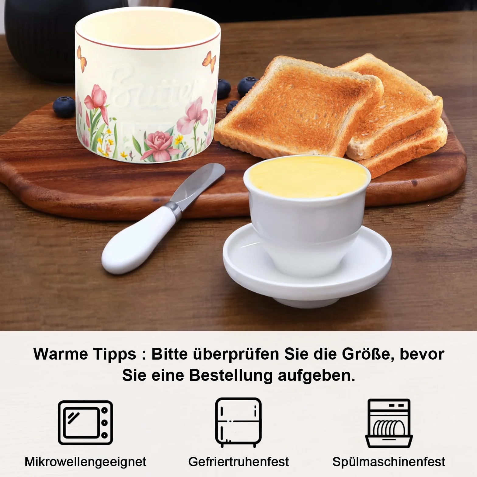 Butterglocke ceramika, francuska maselniczka, chłodzona wodą maselniczka na świeże i nadające się do smarowania, chłodzona wodą z linią poziomu wody, nadaje się do mycia w zmywarce