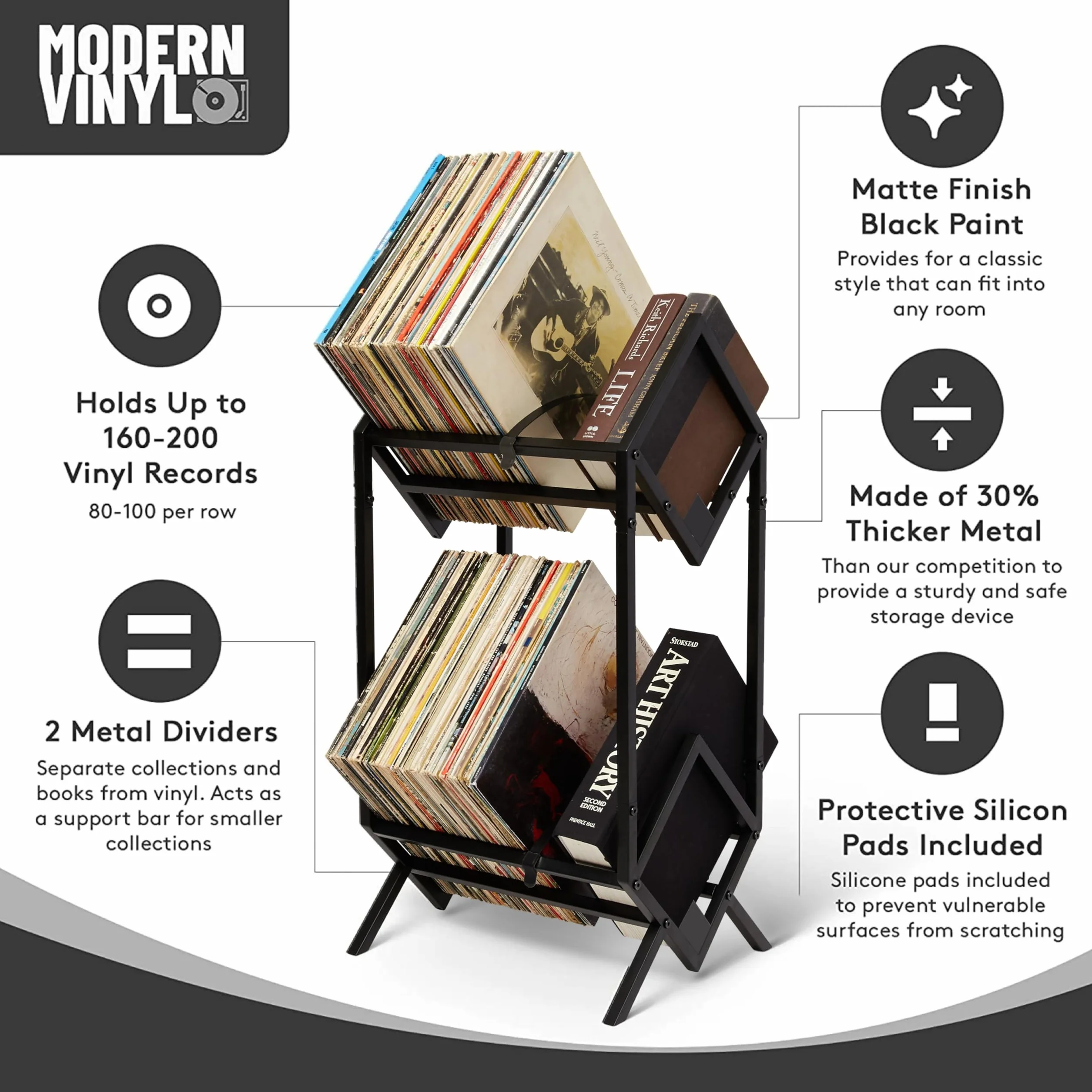 MODERN VINYL Uchwyt na płyty, matowy czarny metal, przechowywanie 160-200 LP, prosty, szybki montaż, wyświetlacz winylowy, przechowywanie, wysokiej klasy design, chroni winyl, organizuj albumy,
