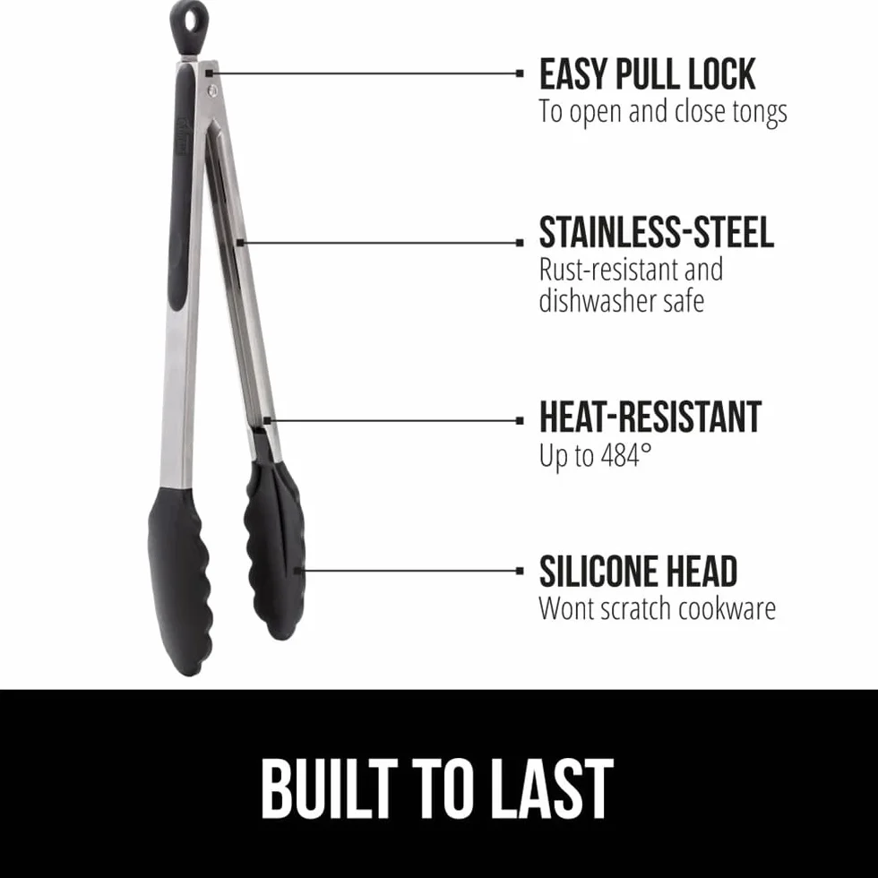 Gorilla Grip Silikonowe szczypce ze stali nierdzewnej do gotowania, zestaw 2 sztuk, w zestawie 25 i 30 cm szczypce kuchenne, odporne na ciepło końcówki, mocny chwyt do mięsa, idealne do patelni nieprzywierających, grilla, czarne