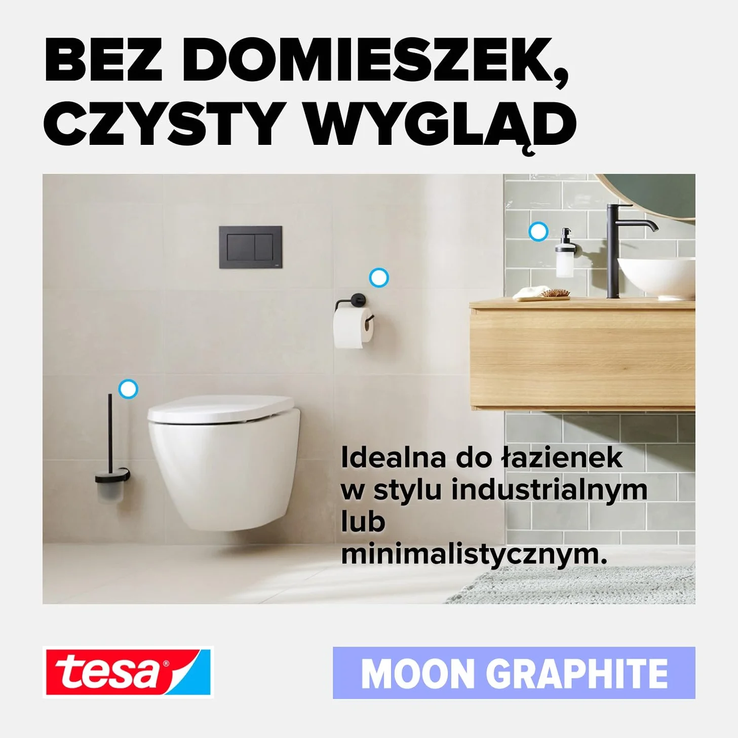 tesa MOON samoprzylepna półka prysznicowa - kolor grafitowy - jednopoziomowa i bardzo głęboka - półka prysznicowa z metalu pokrytego powłoką PVD - bez wiercenia, z klejem - 92 mm x 250 mm x 125 mm