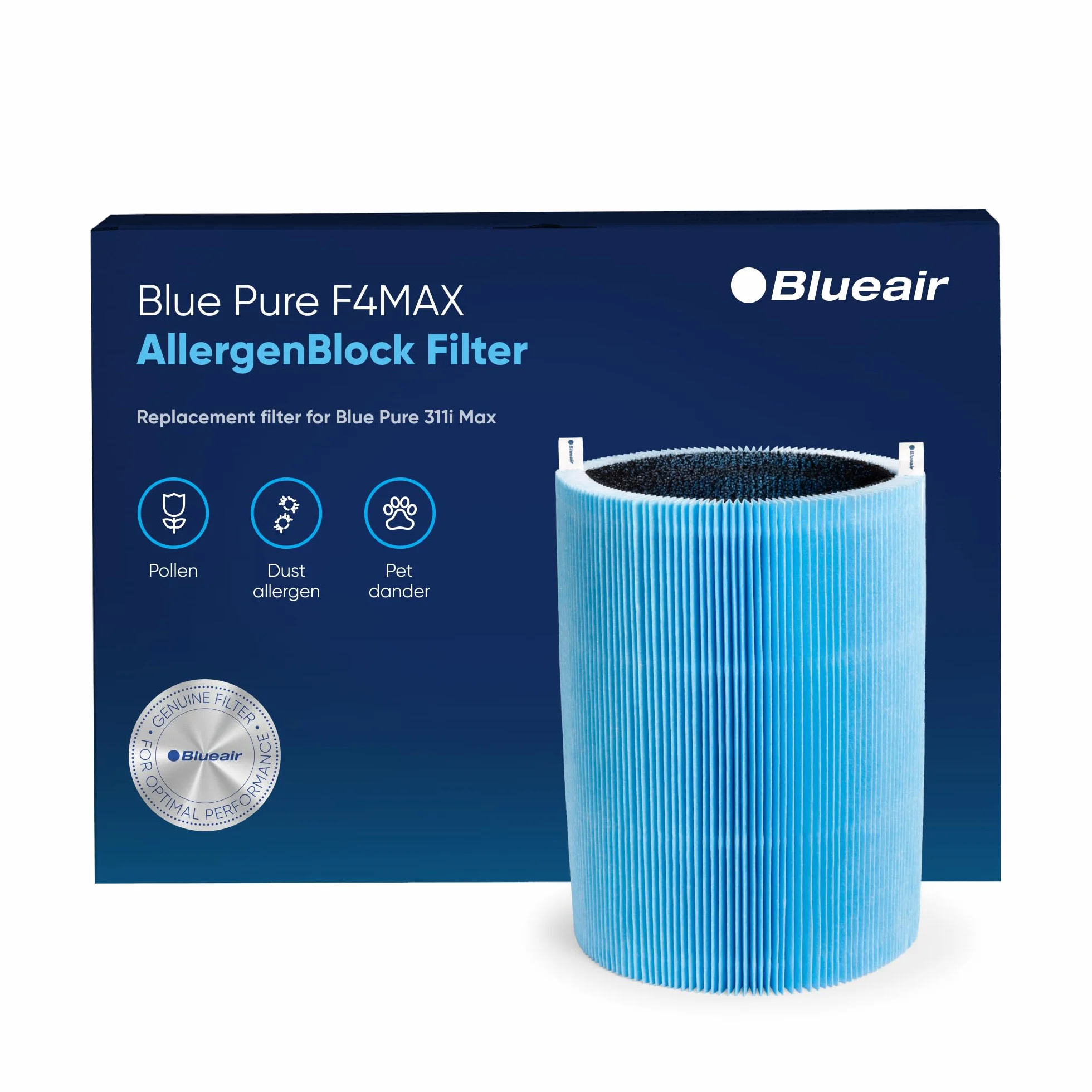 BLUEAIR Blue Pure 411 Max Series AllergenBlock filtr, oryginalny zamiennik filtra Blueair, alergie pyłki kurzu sierści zwierząt, filtr serii 411 Max pasuje do oczyszczacza powietrza Blue Pure 411i Max
