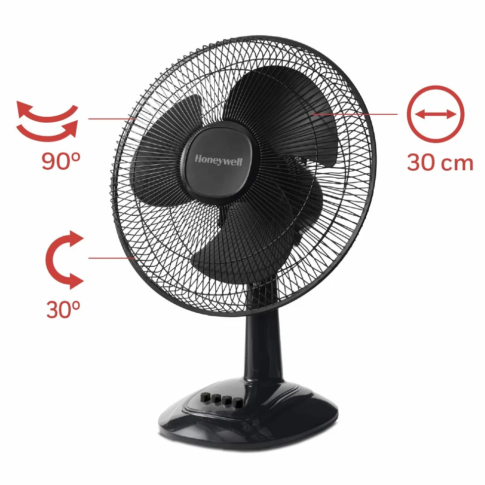 Wentylator stołowy Honeywell Comfort Control z funkcją oscylacji (3 poziomy prędkości, oscylacja w zakresie 90°, łopatki 30 cm, pochylenie w zakresie 30°, solidna podstawa) HTF1220
