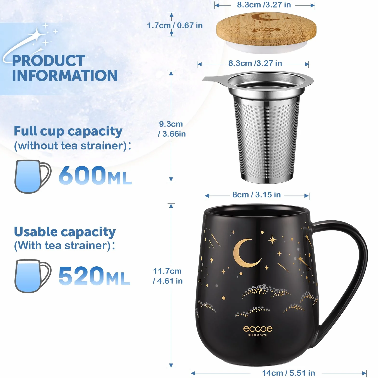 ecooe Filiżanka do herbaty z pokrywką i sitkiem – 600 ml ceramiczna filiżanka do herbaty, duże filiżanki do herbaty z sitkiem i pokrywką, czarne ceramiczne kubki do herbaty zestaw z uchwytem na