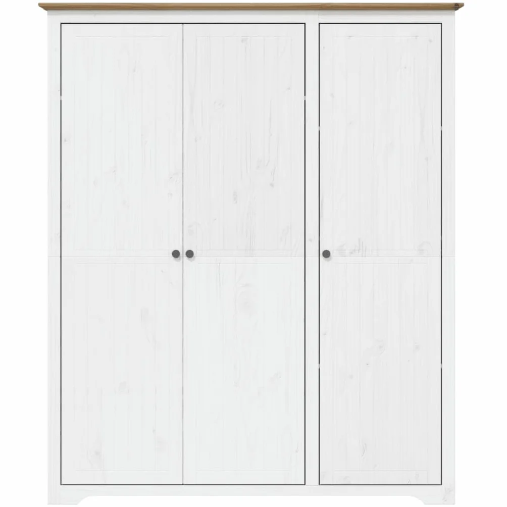 Hothingwell BODO biała brązowa szafka na ubrania 146x53,5x173 cm z litego drewna sosnowego, szafka do przechowywania z metalowymi drzwiami i uchwytem, wisząca szyna i półka na ubrania, buty
