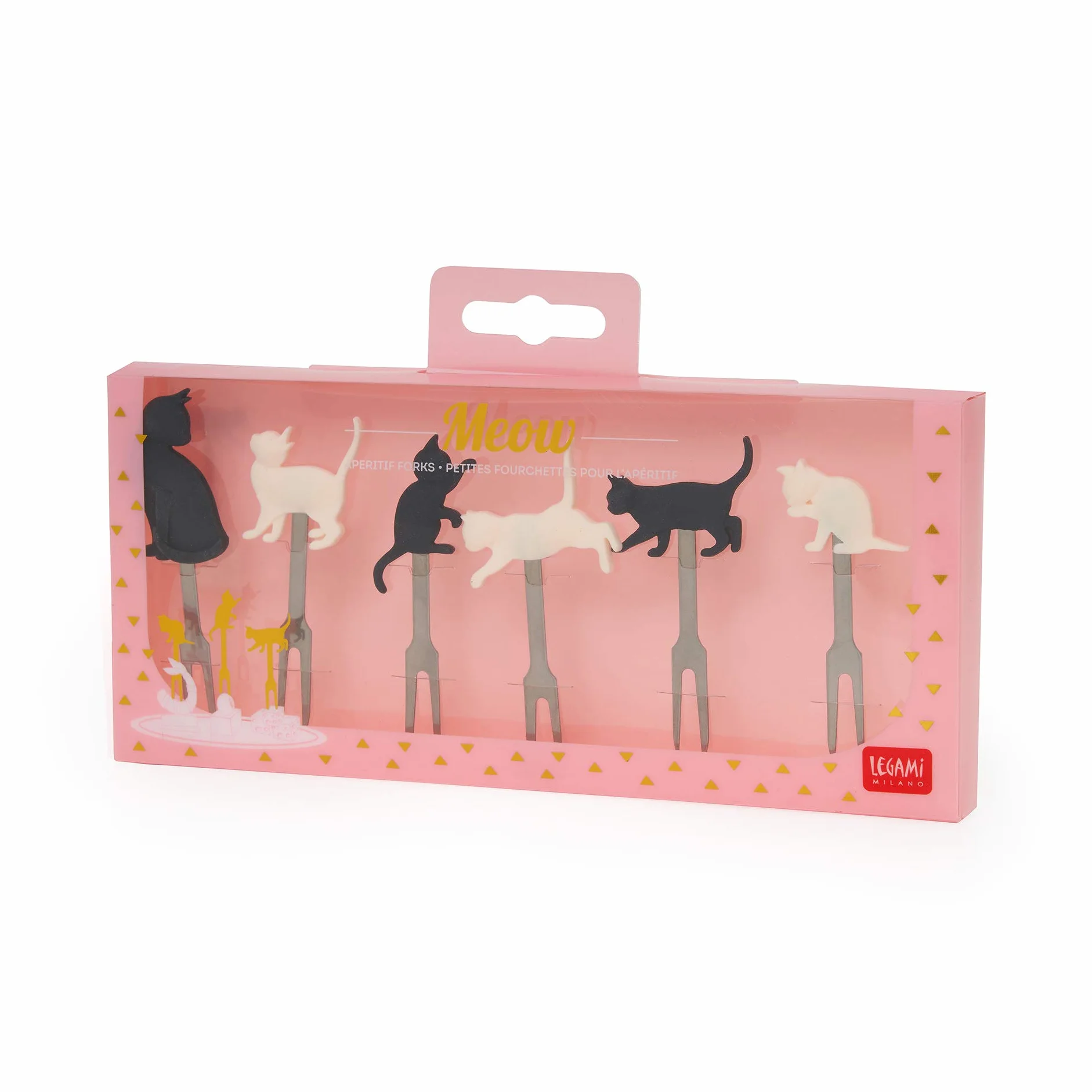 Legami PICK0001 zestaw 6 widelców do aperitifu, wielokrotnego użytku, trwały, nadaje się do przekąsek, 3,4 x 9 cm, motyw: koty, silikon stal nierdzewna