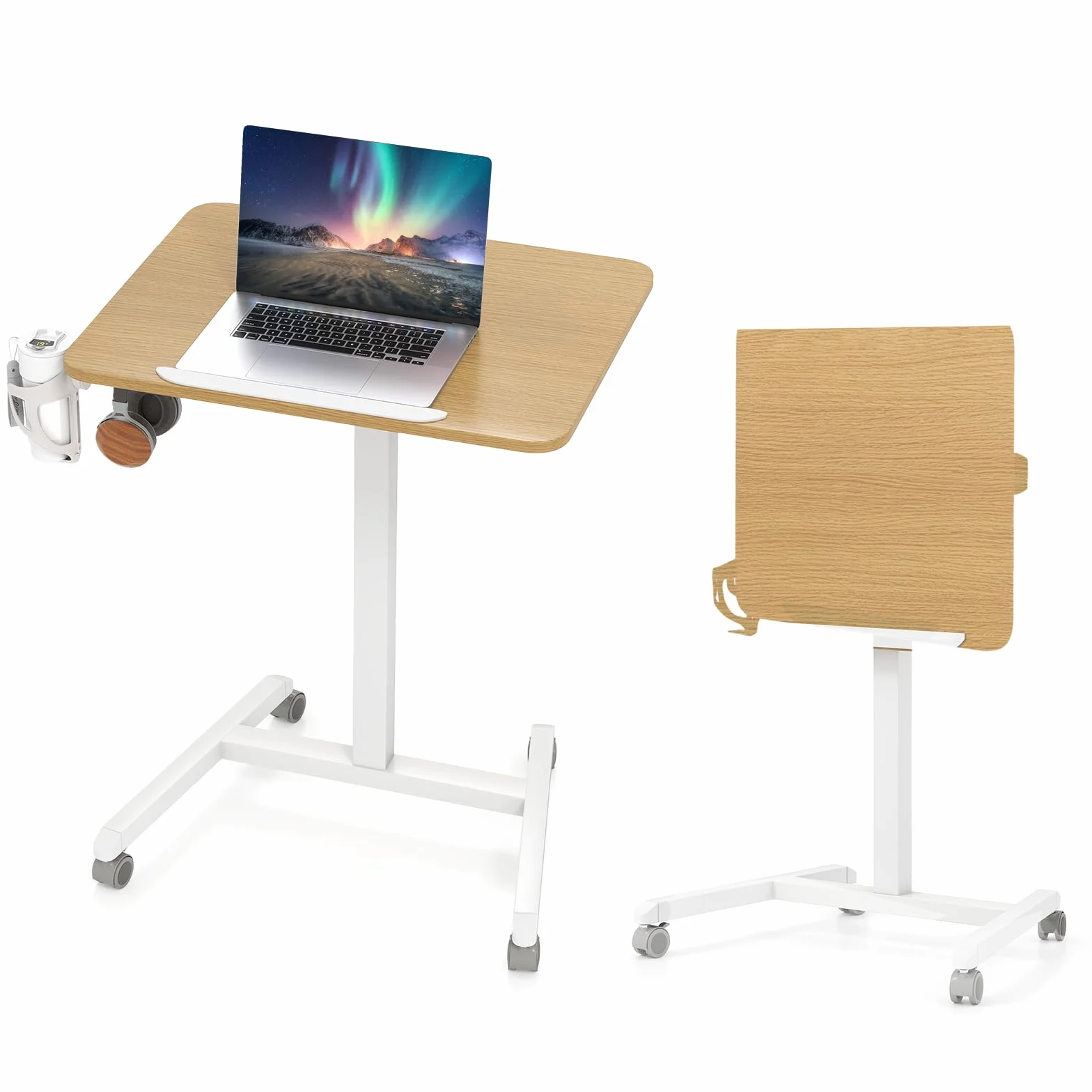 GIANTEX Stolik pomocniczy z regulacją wysokości, mobilne biurko stojące z blatem o 90°, stolik komputerowy z kółkami, stolik na laptopa z haczykami i uchwytem na kubek, stolik na łóżko, stół do