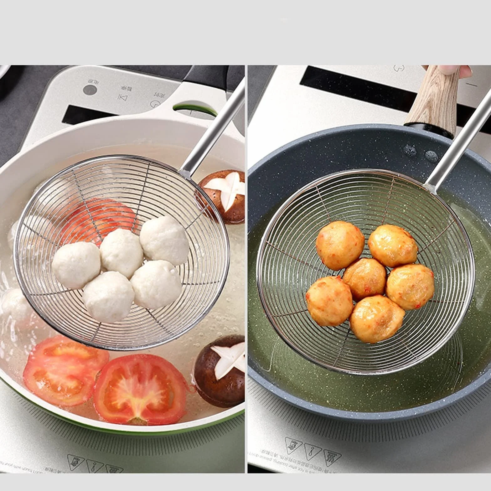 Skimmer do gotowania, durszlak ze stali nierdzewnej, rodzinna kuchnia restauracja patelnia durszlak, smażone jedzenie, warzywa, odpieniacze Durszlak Wonton (rozmiar: L)