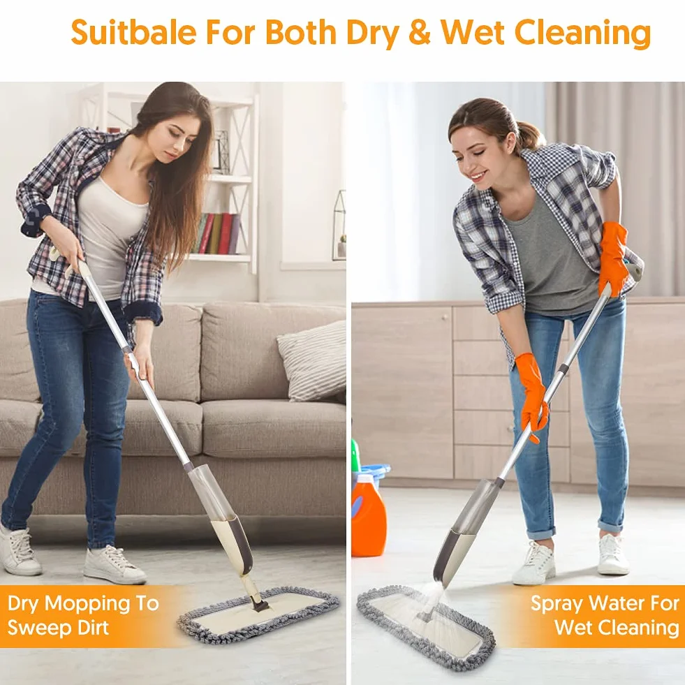 MEXERRIS Mop podłogowy z mikrofibry ze sprayem do czyszczenia podłóg, mop do laminowanych płytek drewnianych z 3 nakładkami wielokrotnego użytku, 1 butelką wielokrotnego napełniania 410 ml i 1 szorowa