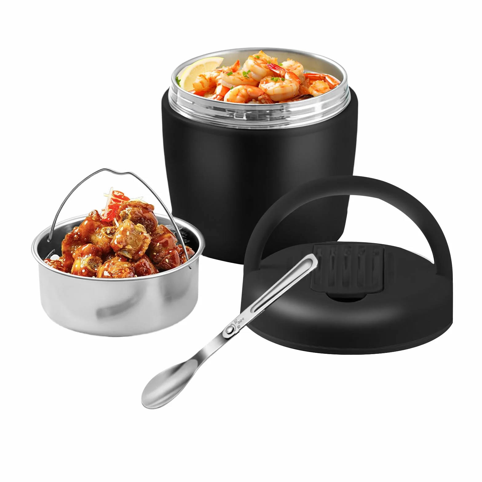 Pojemnik Termiczny, Szczelny Termos na Zupy, Lunchbox dla Dzieci i Dorosłych, na Żywność 1200 ml, Stal Nierdzewna, Miski Termiczne z Pokrywką i Składaną Łyżeczką (Czarny)