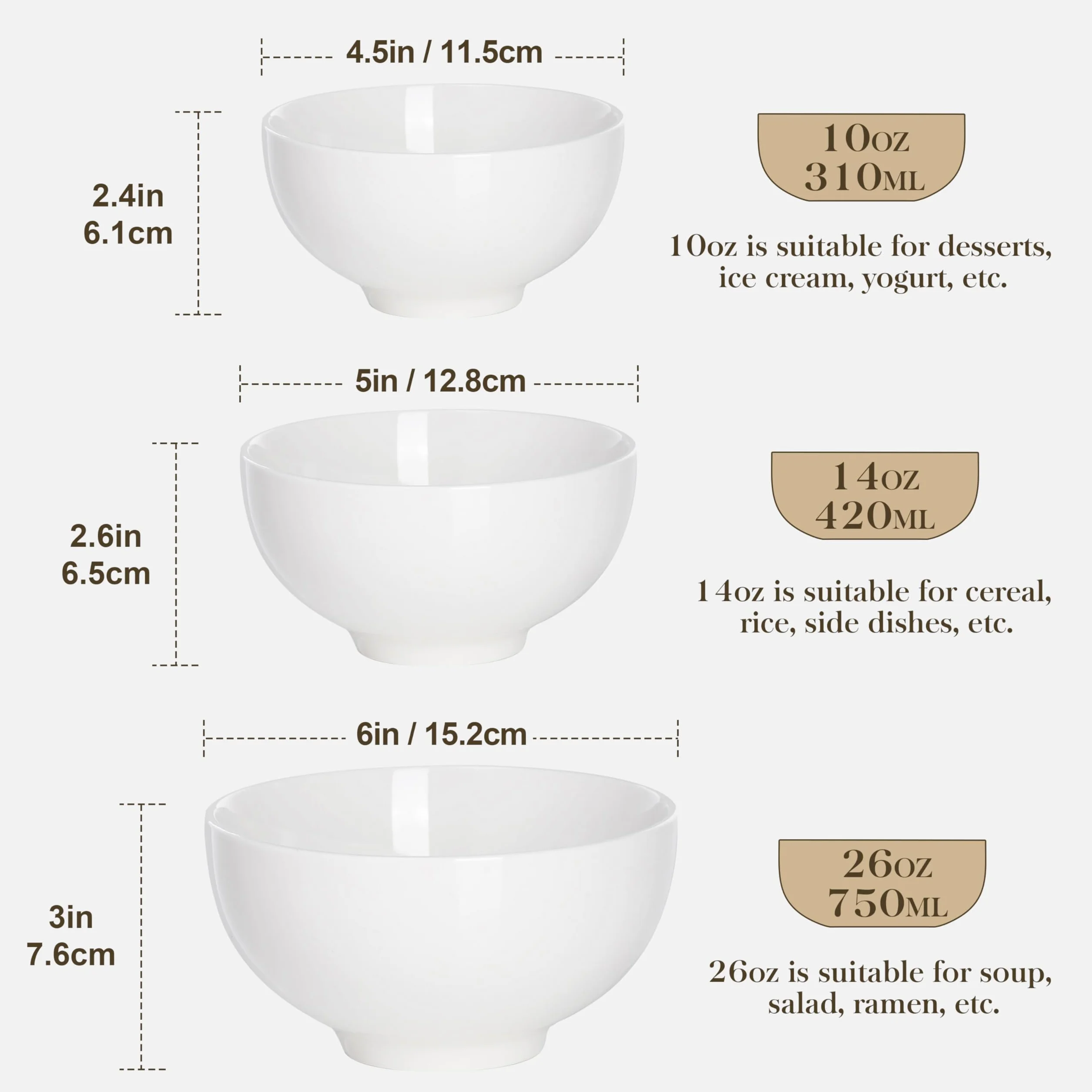 MALACASA Seria REGULAR 8 białych porcelanowych miseczek na płatki śniadaniowe 300 ml, okrągłe miski śniadaniowe 11,5 cm, salaterki, miski na sałatkę i ryż