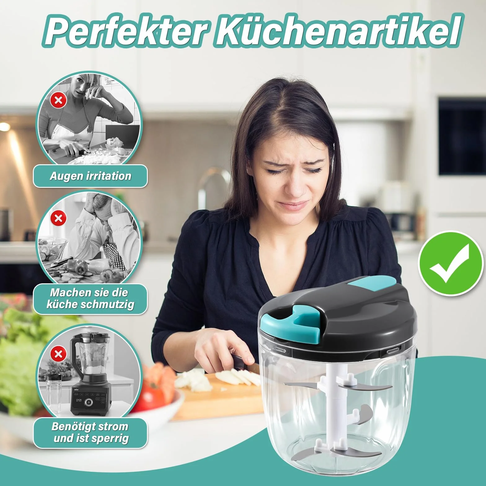 Ręczna krajalnica do cebuli, krajalnica do warzyw, 900 ml, rozdrabniacz do cebuli, nóż do krojenia w żywność, akcesoria kuchenne do warzyw, owoców, orzechów, 1 trzepaczka, 5 zapasowych
