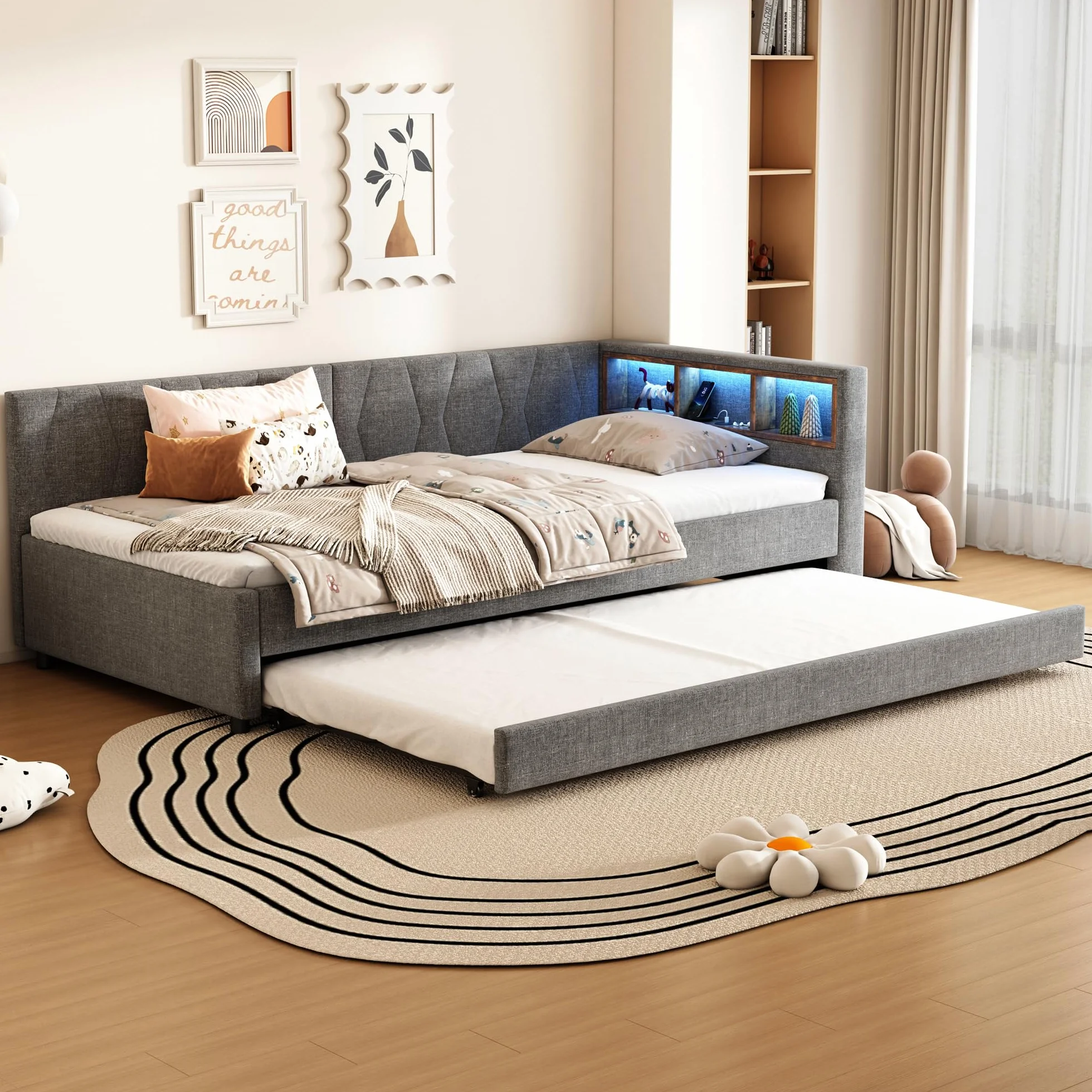 Dolamaní Łóżko tapicerowane 90 x 200 cm z LED i USB-C, stelażem i łóżkiem wysuwanym, lniane