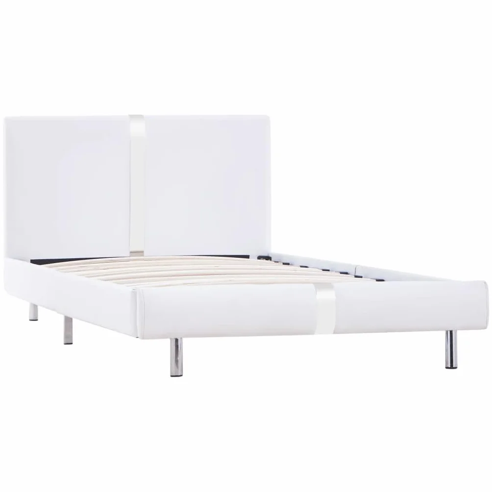 Skórzana elegancka rama łóżka klasyczna biała 90x200 cm | Rama łóżka biała sztuczna skóra 90x200 cm tapicerowane łóżko z zagłówkiem stalowe nogi