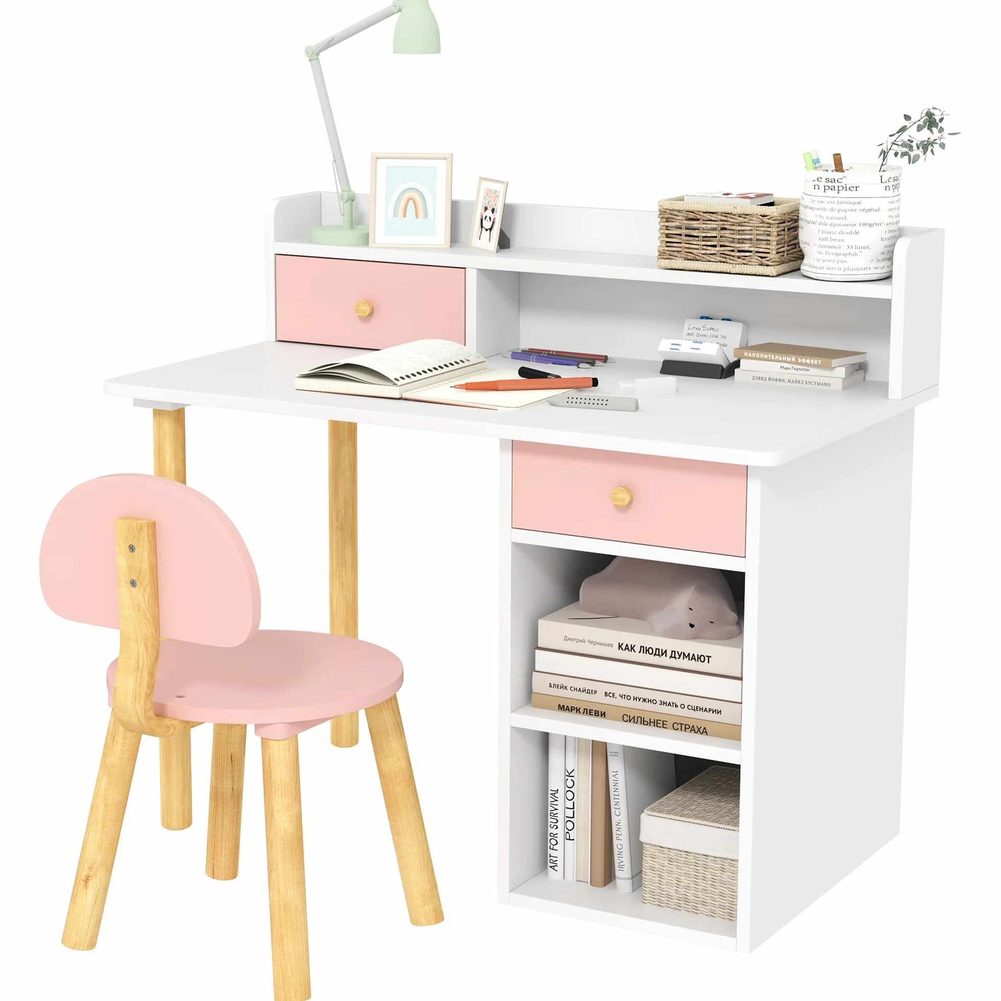 AIYAPLAY Kids Desk and Chair Set, Children Study Table with Hutch, Storage, Drawer, Shelves, for Studying, Reading, Drawing, for Ages 3-8 Years, Pink