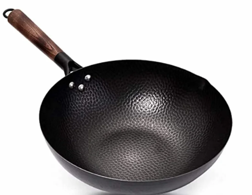 Wok ze stali węglowej kutej z drewnianym uchwytem, ręcznie kuta patelnia wok, garnek żeliwny odpowiedni do indukcji – średnica garnka 32 cm