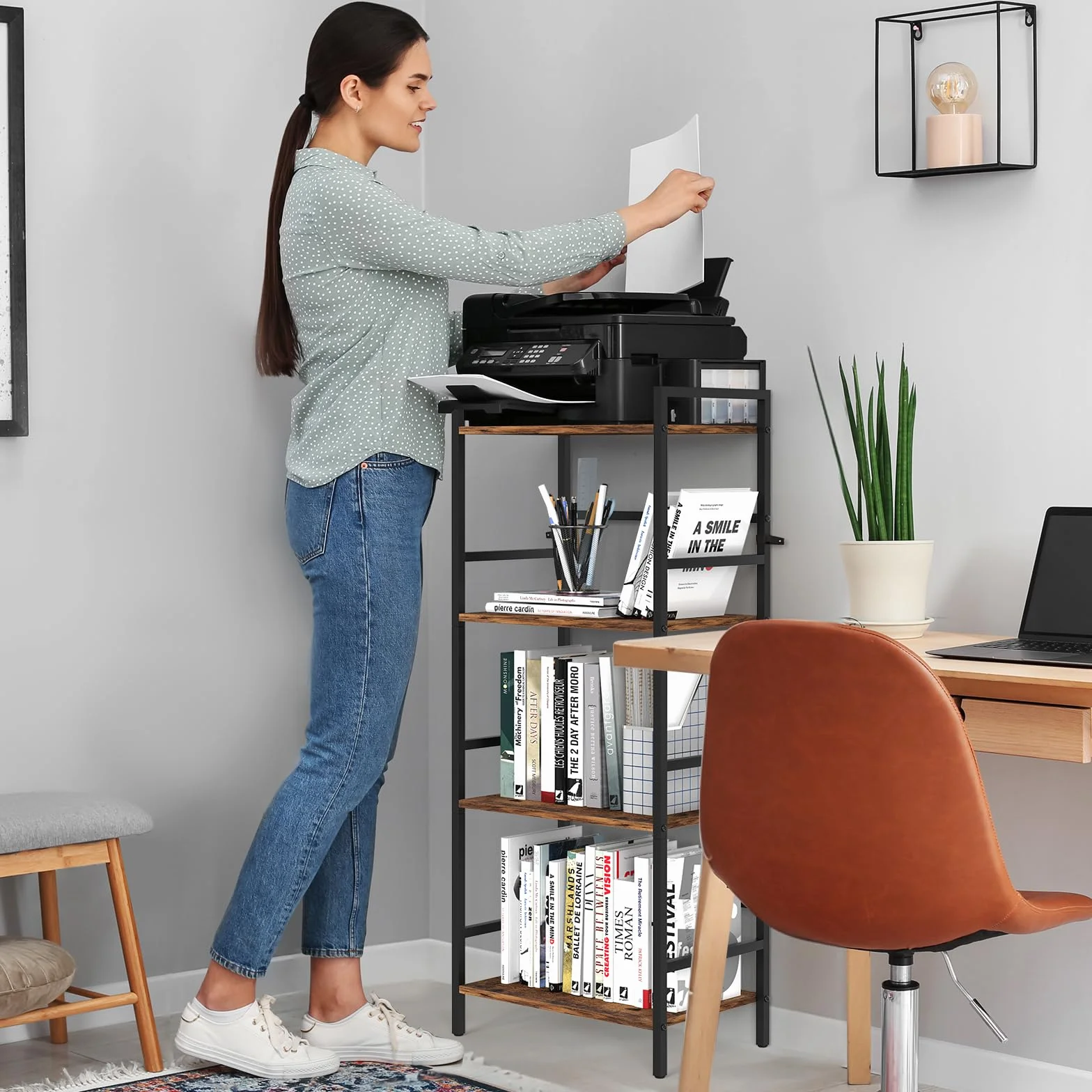 CADUKE 4-poziomowa półka na książki z miejscem do przechowywania Industrial Open Etagere Bookcase Wood Metal Book Shelf Stand Brown Regały na książki do salonu, sypialni, biura