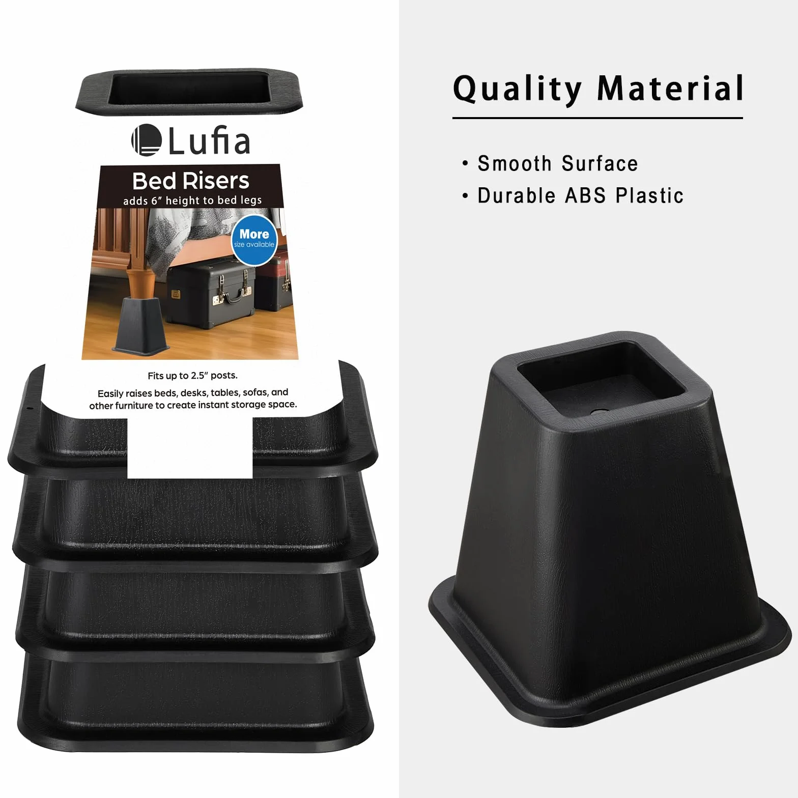 Lufia Podstawki do Mebli 15 cm Heavy Duty - Podnośniki do Łóżek, Sofy, Stołu, Krzesła lub Biurka, Zestaw 4 Sztuki (Czarny)