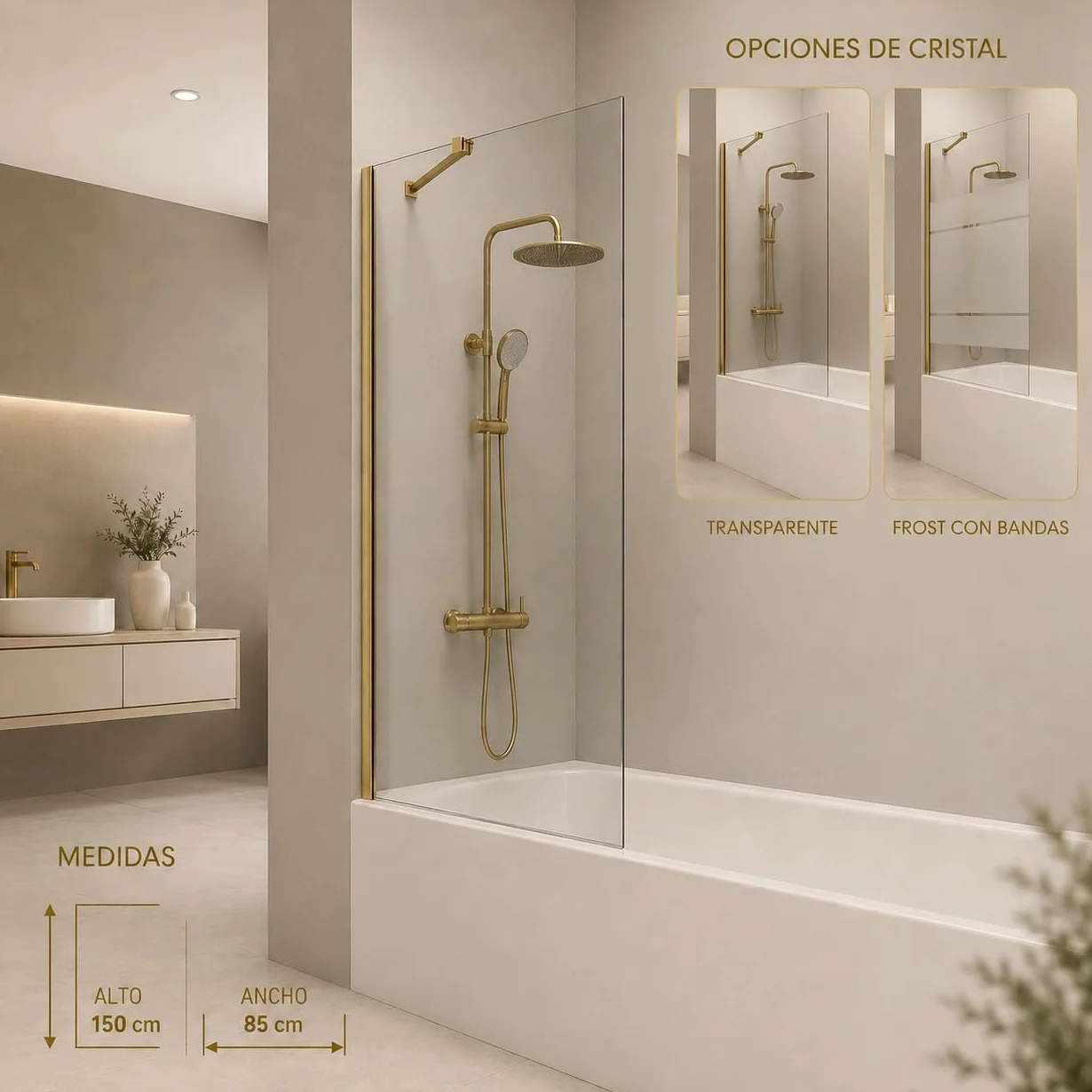 IMEX mata do wanny, stała, czarna, matowa, 85 cm, przednia ścianka z ramieniem mocującym, ścianka ze szkła antykamieniowego i profili aluminiowej o wysokości 150 cm, szkło o grubości 8 mm