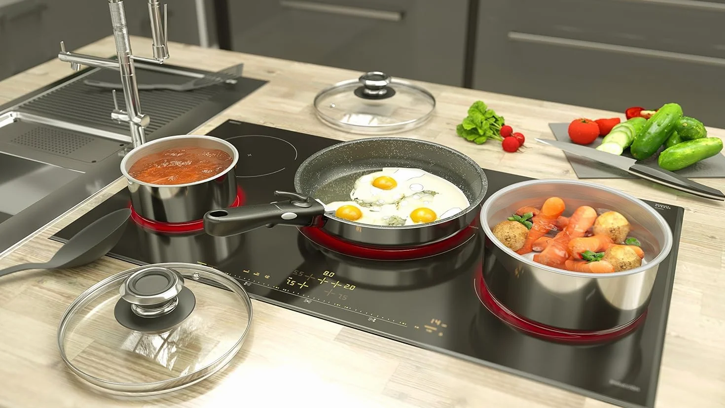 Backen 391505, Zestaw Garnków 16,18,20cm, Stal nierdzewna, 5 Części, Indukcja, 1 Rączka zdejmowana, 1 Pokrywa Wielofunkcyjna Metalowa, Zmywarka bezpieczna, Powłoka nieprzywierająca, Gwarancja 5 lat