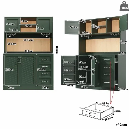 vutizal Szafka bufetowa z oświetleniem LED – 4 drzwi, 2 szuflady, regał na przekąski i szafka kuchenna z płyty MDF, 120 x 40 x 188 cm, zielona konstrukcja z blatem roboczym