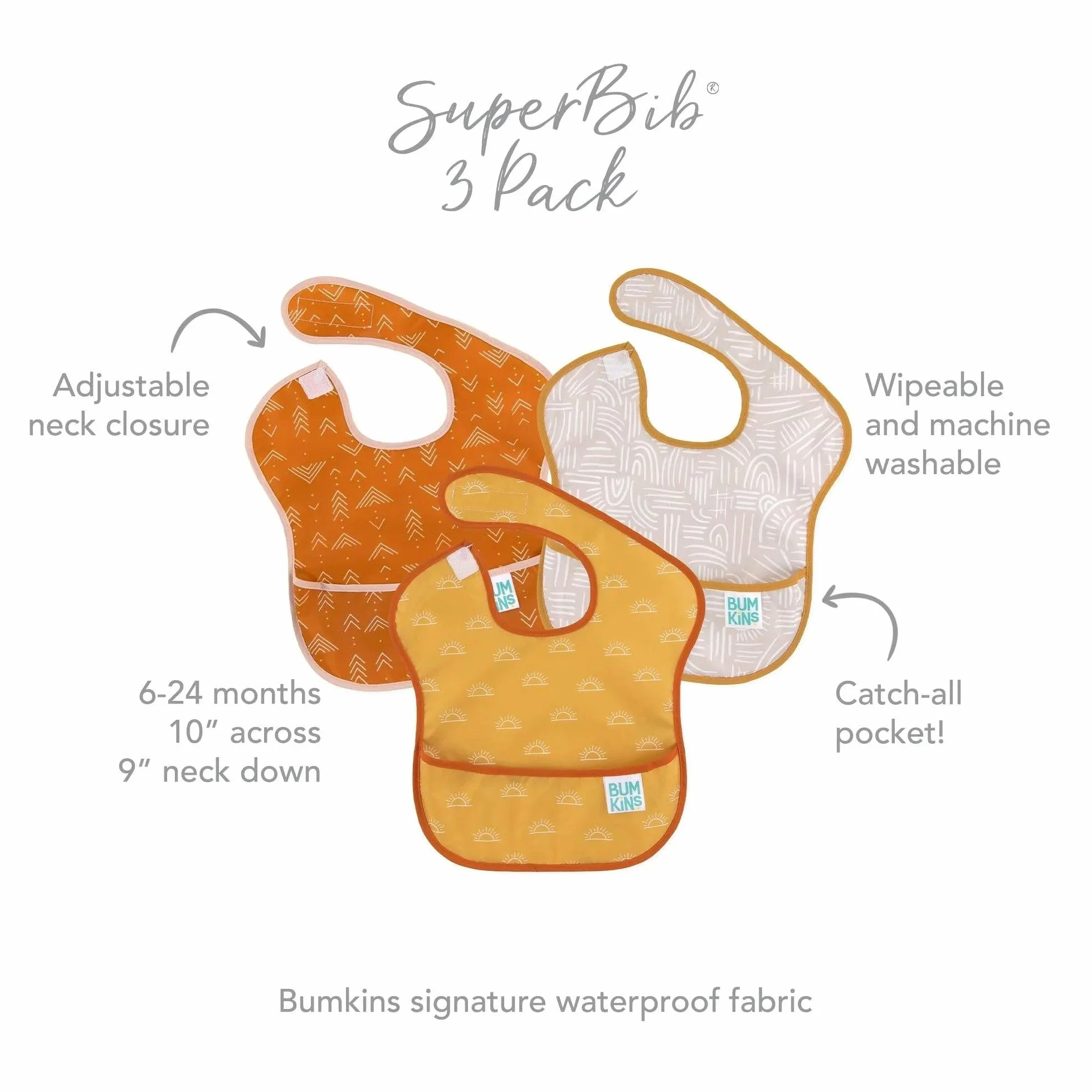 Bumkins Bibs for Girl or Boy, SuperBib Baby and Toddler for 6-24 Months, Essential Must Have for Eating, Feeding, Baby Led Weaning Supplies, Mess Saving Catch Food, Waterproof Fabric 3-pk Desert Boho