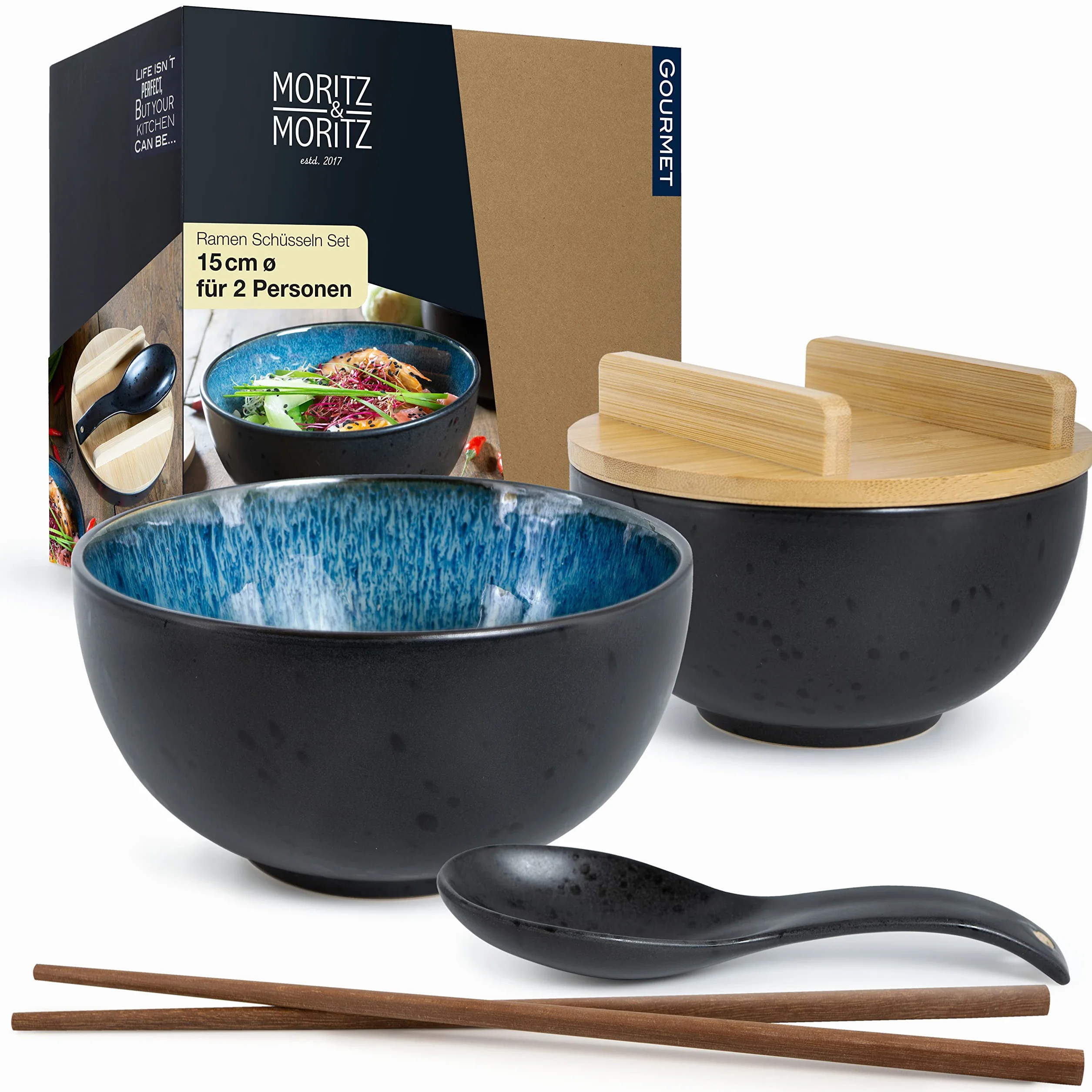 Moritz & Moritz Zestaw ceramicznych misek do ramenu, 2 sztuki - średnica 15 cm - 600 ml / 20,3 uncji - kolor czarny i niebieski - zawiera bambusowe pokrywki, łyżki i 4 pałeczki - japońskie miski na