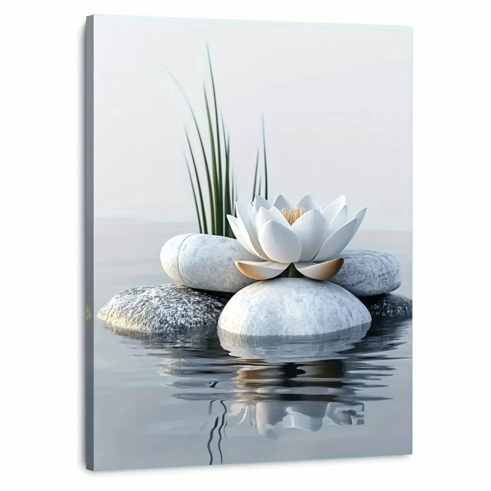 IHHGNB Zen Stone White Lotus Canvas Decoration Modern Minimalist Nature Wall Decor 40x50cm No Frame